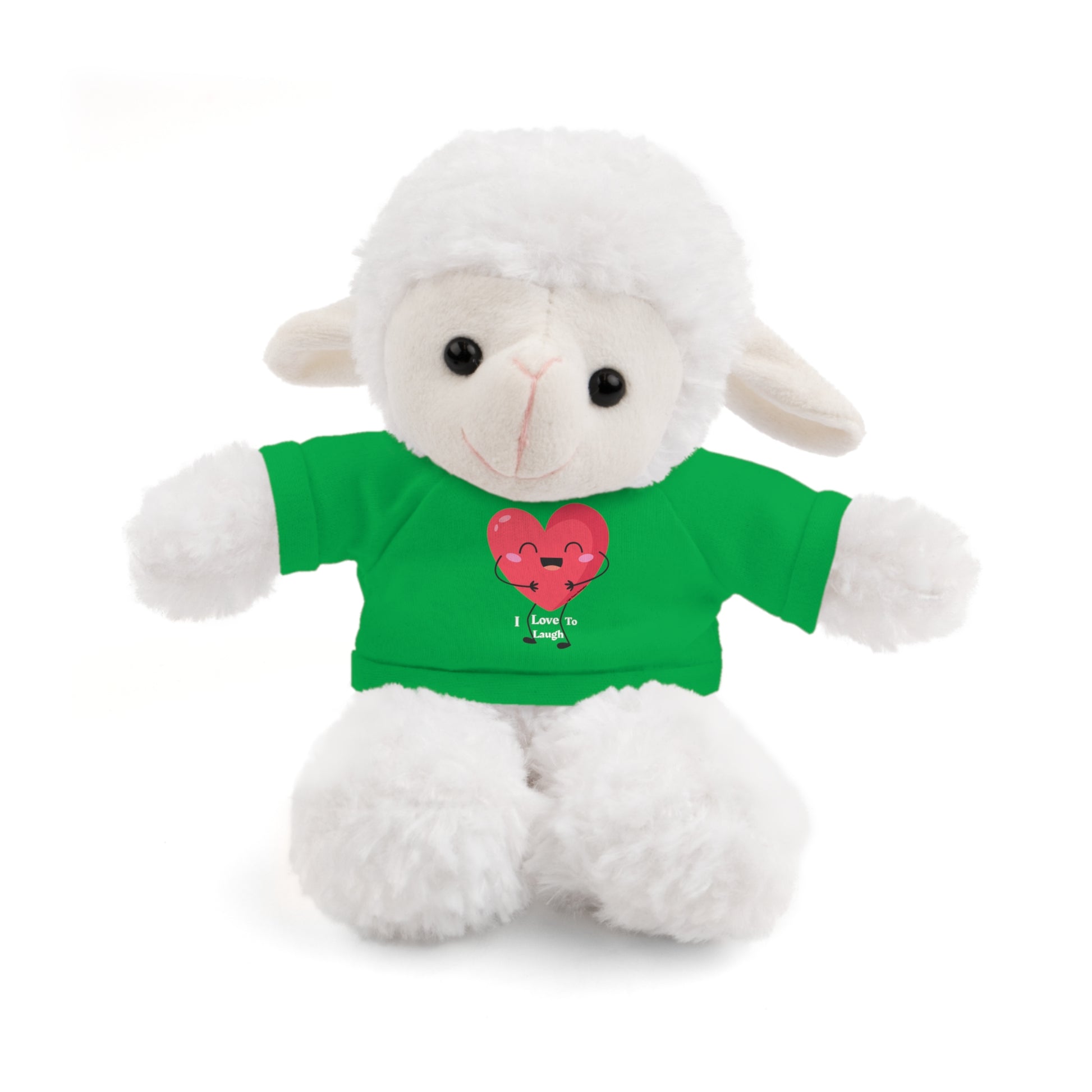 Stuffed animal in a green shirt, part of Cool Stuff Stuffies collection, featuring a removable I Love to Laugh heart-themed T-shirt.