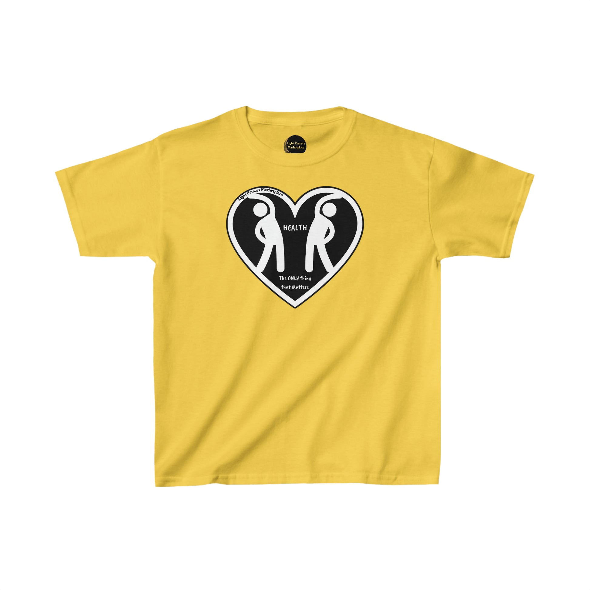 Two Figures Stretch Youth T-shirts: Yellow tee with heart and people print. 100% cotton for solid colors, twill tape shoulders, curl-resistant collar, no side seams. Ethically made, soft midweight fabric.