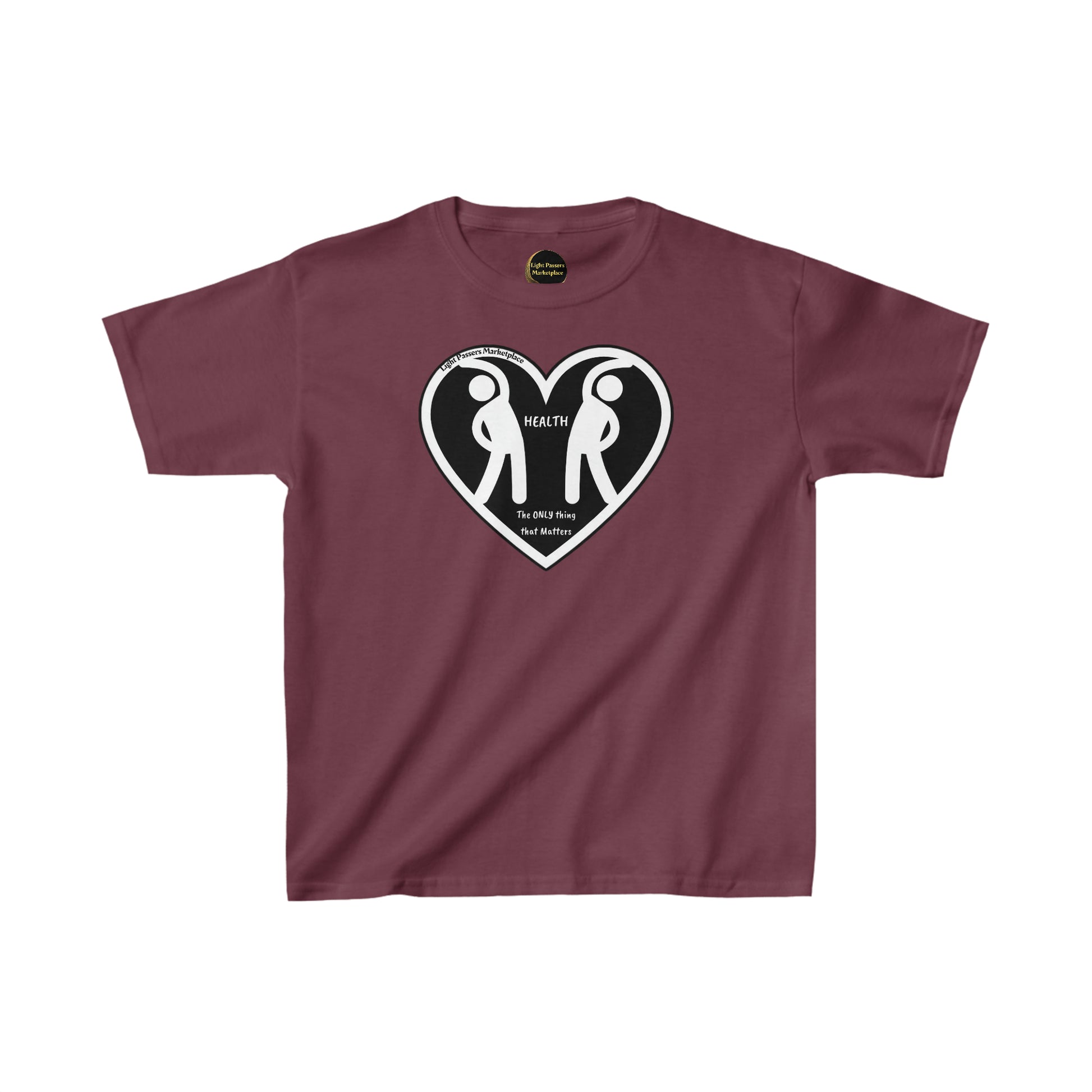 Two Figures Stretch Youth T-shirts: Red and purple tees with heart and people graphics. 100% cotton, durable twill tape shoulders, curl-resistant collar, no side seams. Ethically made with US cotton.