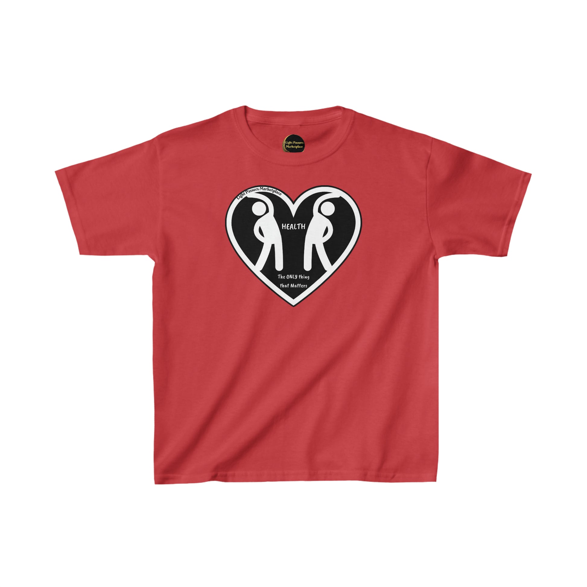 Two Figures Stretch Youth T-shirts featuring a red shirt with a heart and two people design. Made of 100% cotton, with twill tape shoulders for durability and ribbed collar for curl resistance.