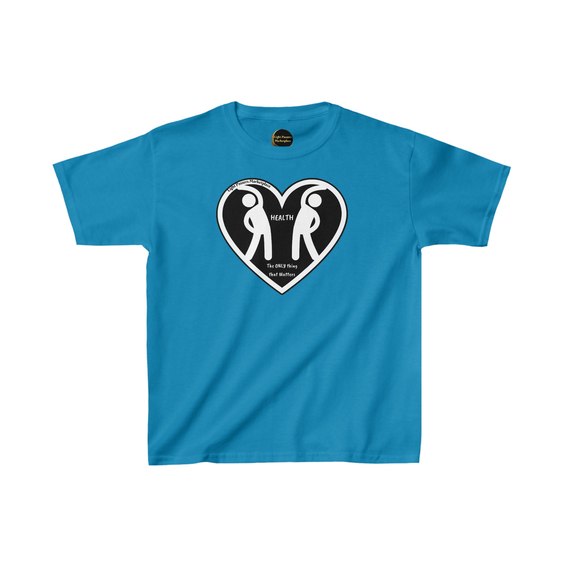 Two Figures Stretch Youth T-shirts featuring a heart logo with two people on blue fabric. Made of 100% cotton for comfort, with twill tape shoulders for durability and ribbed collar for curl resistance.