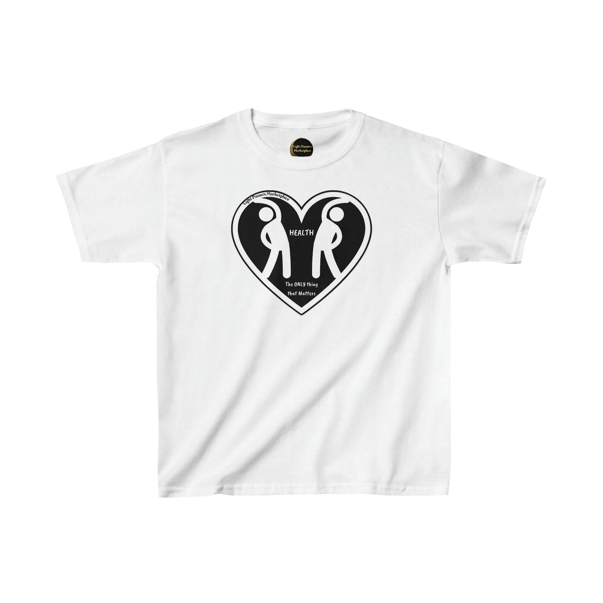 Youth cotton tee with heart-shaped figures, twill tape shoulders for durability, curl-resistant collar, and no side seams. Made with 100% US cotton, ideal for printing, featuring a classic fit and tear-away labels.