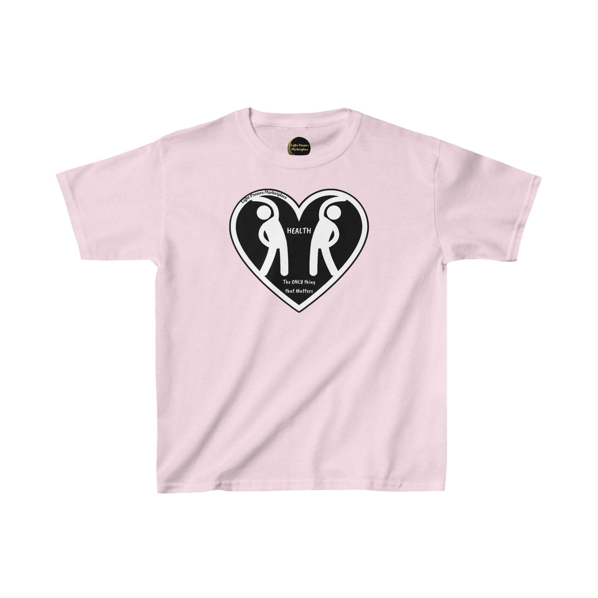 Two Figures Stretch Youth T-shirts: Pink shirt with heart and people graphic, 100% cotton, durable twill tape shoulders, curl-resistant collar, no side seams, ethically made with US cotton.