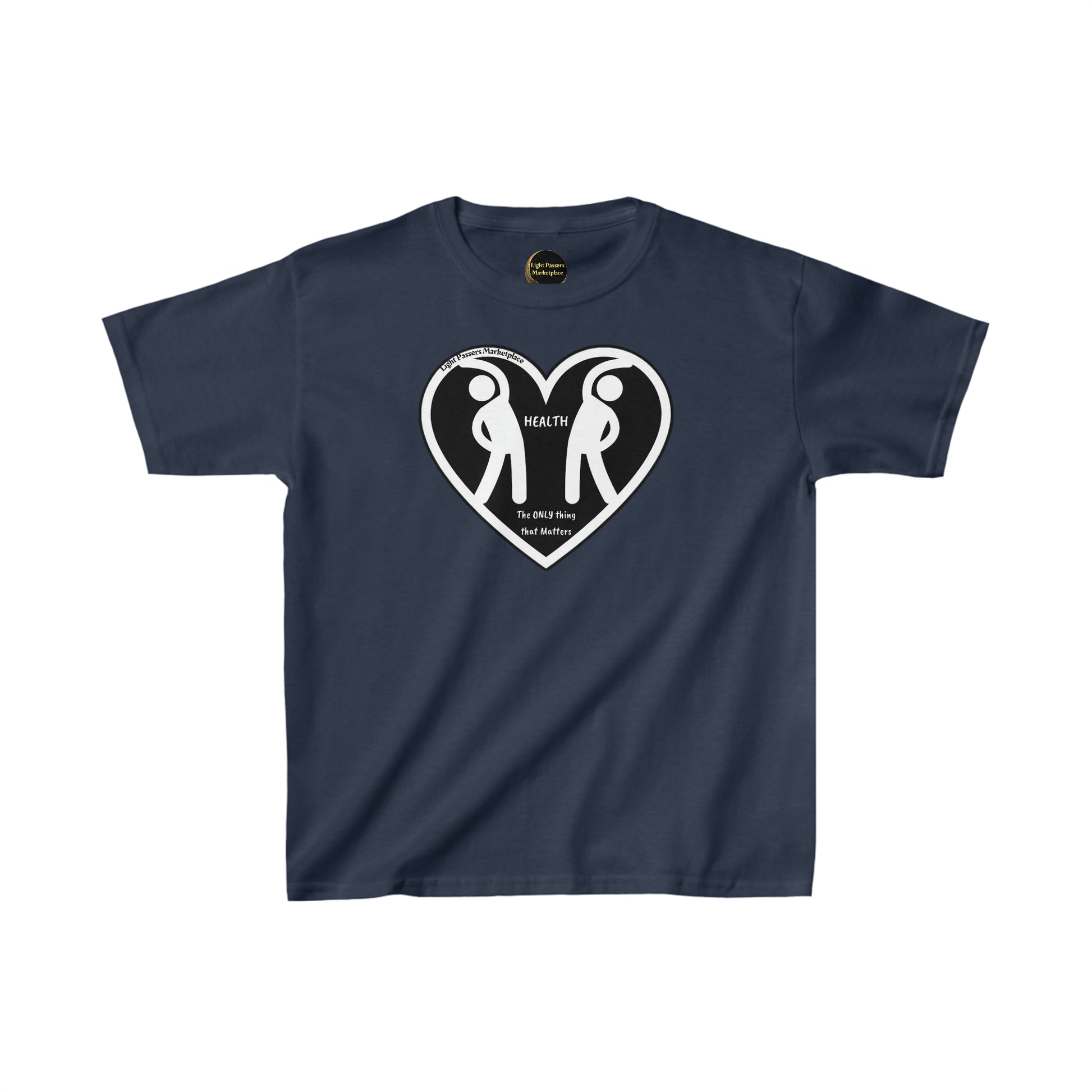 Two Figures Stretch Youth T-shirts: Blue tee with heart and people logo, made of 100% cotton, durable twill tape shoulders, curl-resistant collar, and ethically sourced materials.