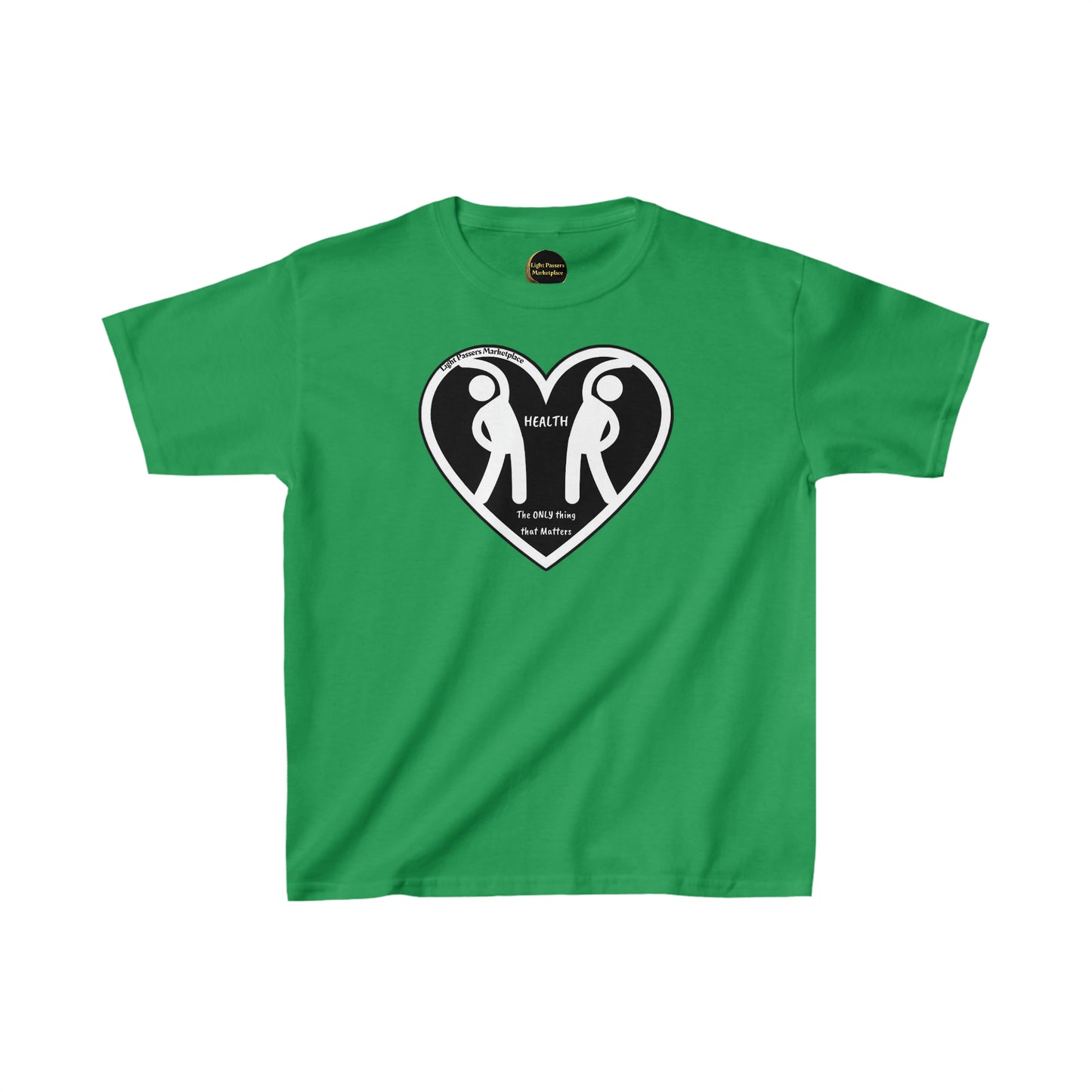 Two Figures Stretch Youth T-shirts with heart logo and people design on green fabric. 100% cotton tee with twill tape shoulders, ribbed collar, and tear-away labels for comfort. Ethically made.