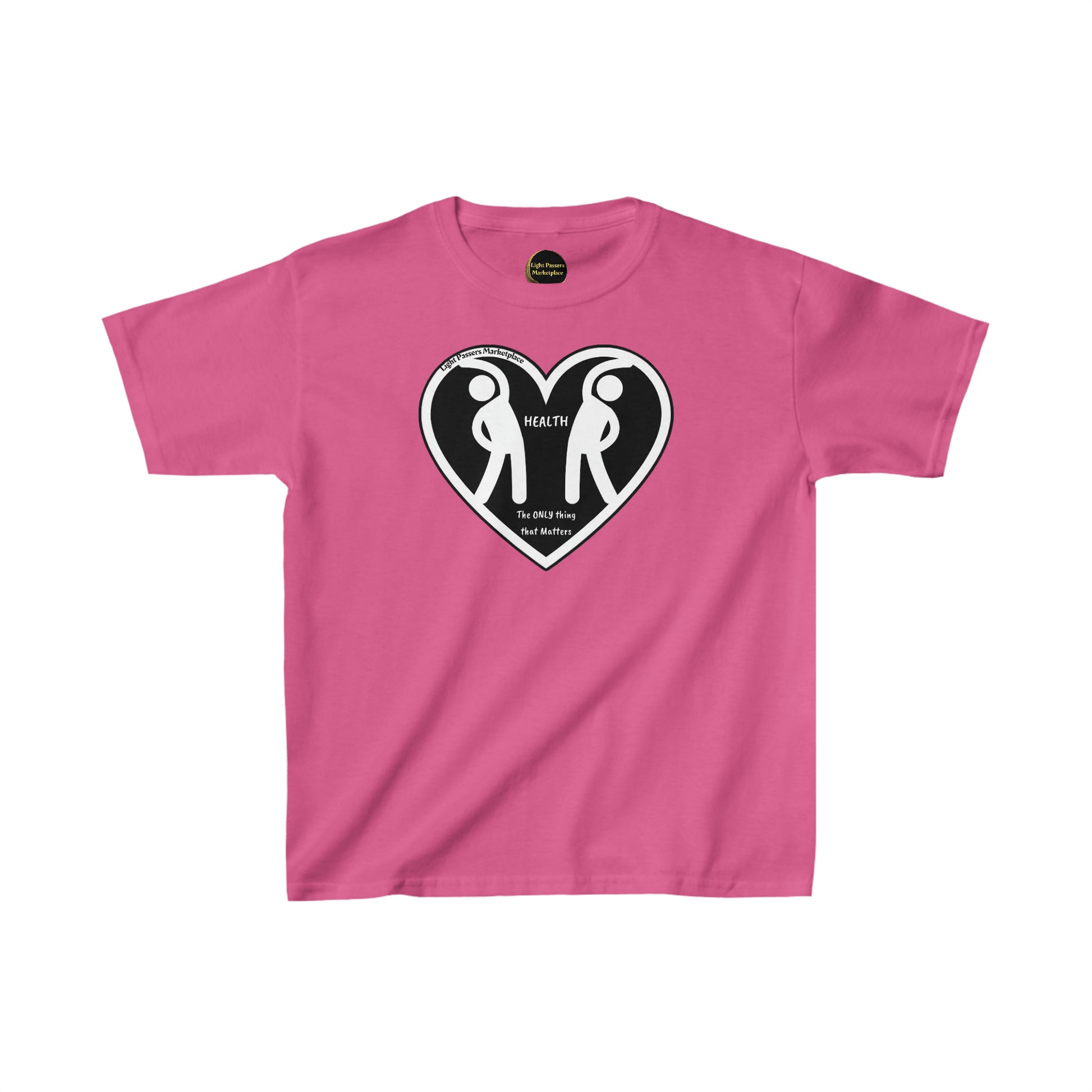 Two Figures Stretch Youth T-shirts: Pink tee with heart and people print. 100% cotton for solid colors, twill tape shoulders, curl-resistant collar, no side seams. Ethically made with US cotton.