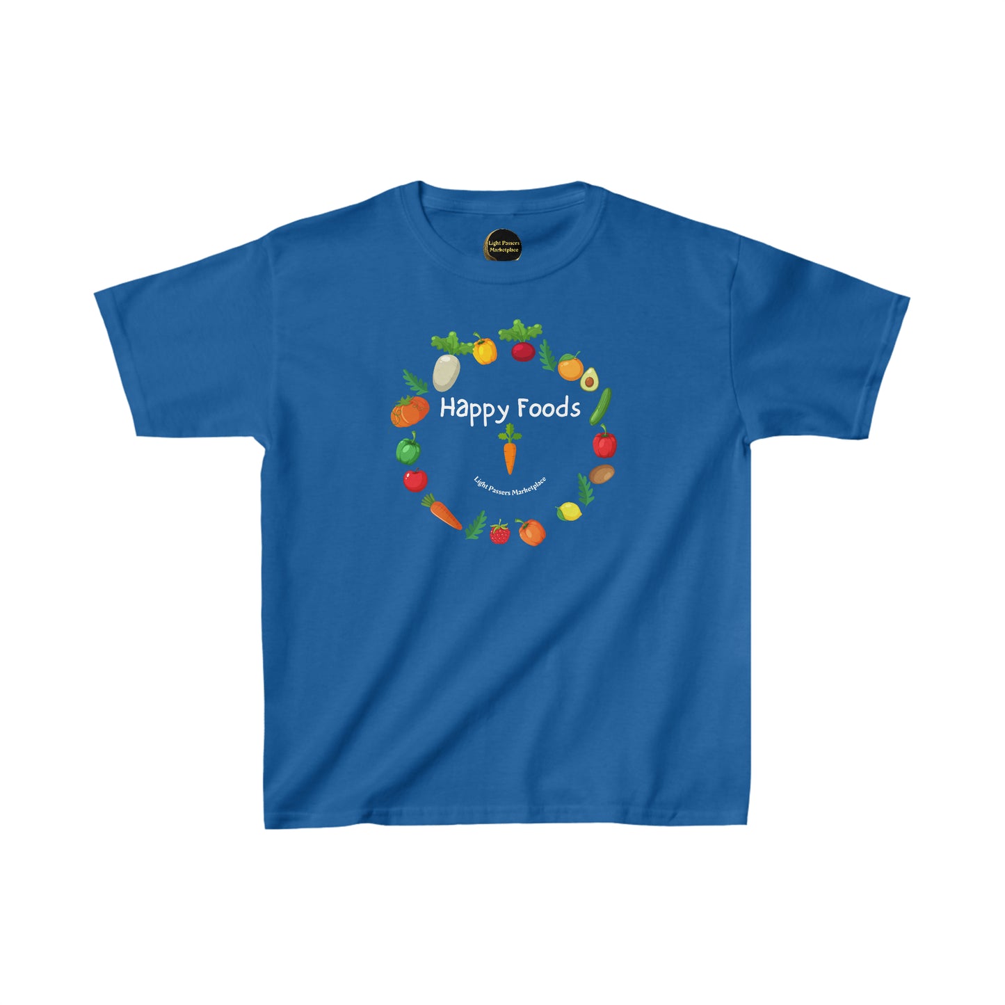 Youth blue t-shirt with a Happy Foods Ring design. 100% cotton, durable twill tape shoulders, ribbed collar, no side seams. Ethically made with US cotton. Pearlized tear-away labels for comfort.