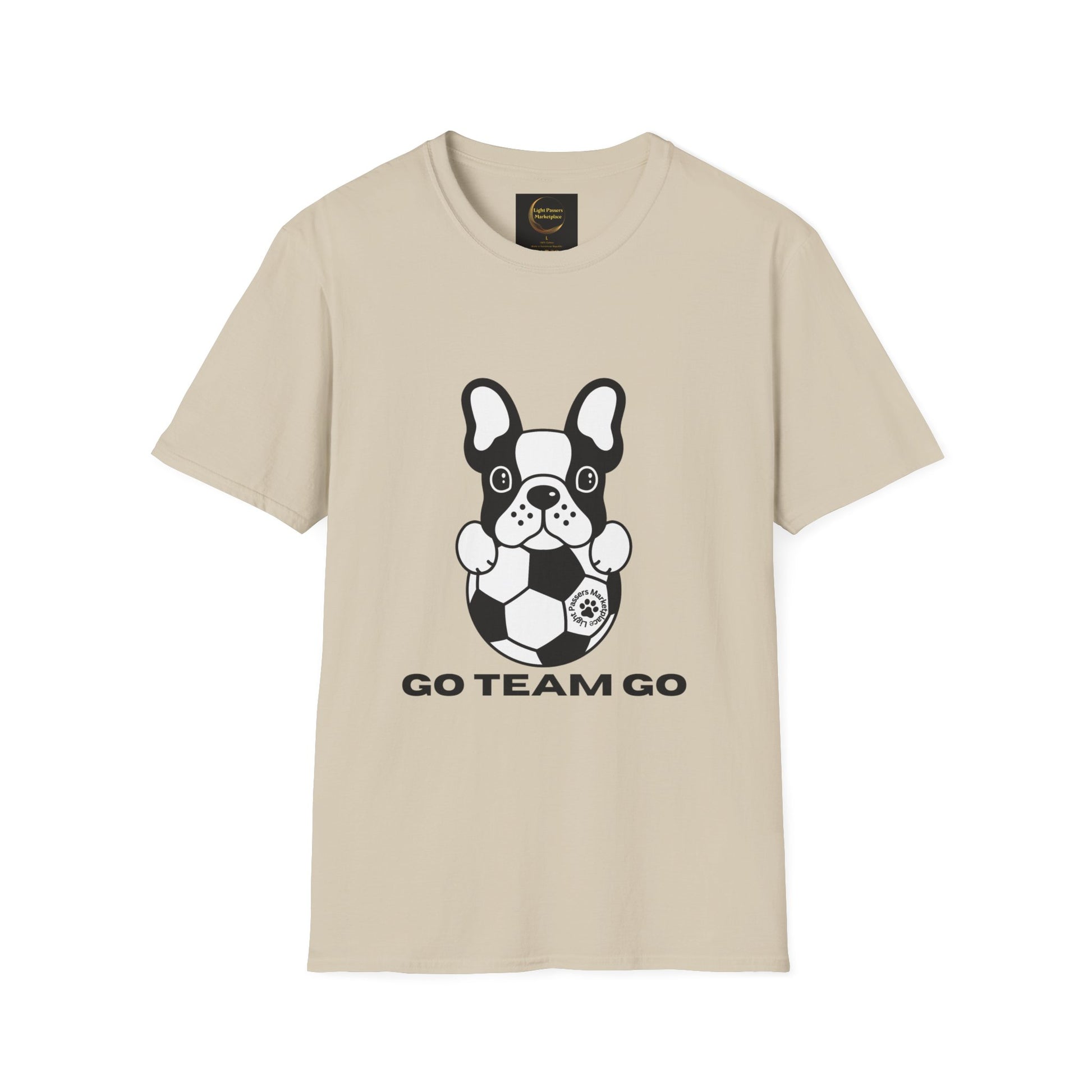 A Soccer Dog Unisex T-Shirt featuring a black and white dog with a football. Made of soft 100% cotton, with twill tape shoulders, ribbed collar, and no side seams for enhanced durability and comfort.