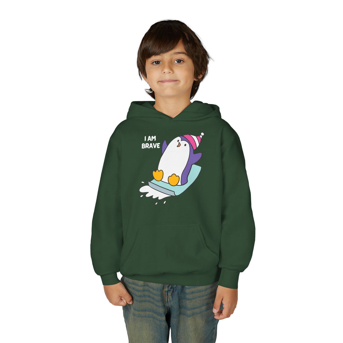 Brave Penguin Youth Hoodie – Cute Sledding Penguin "I Am Brave" Kids Sweatshirt