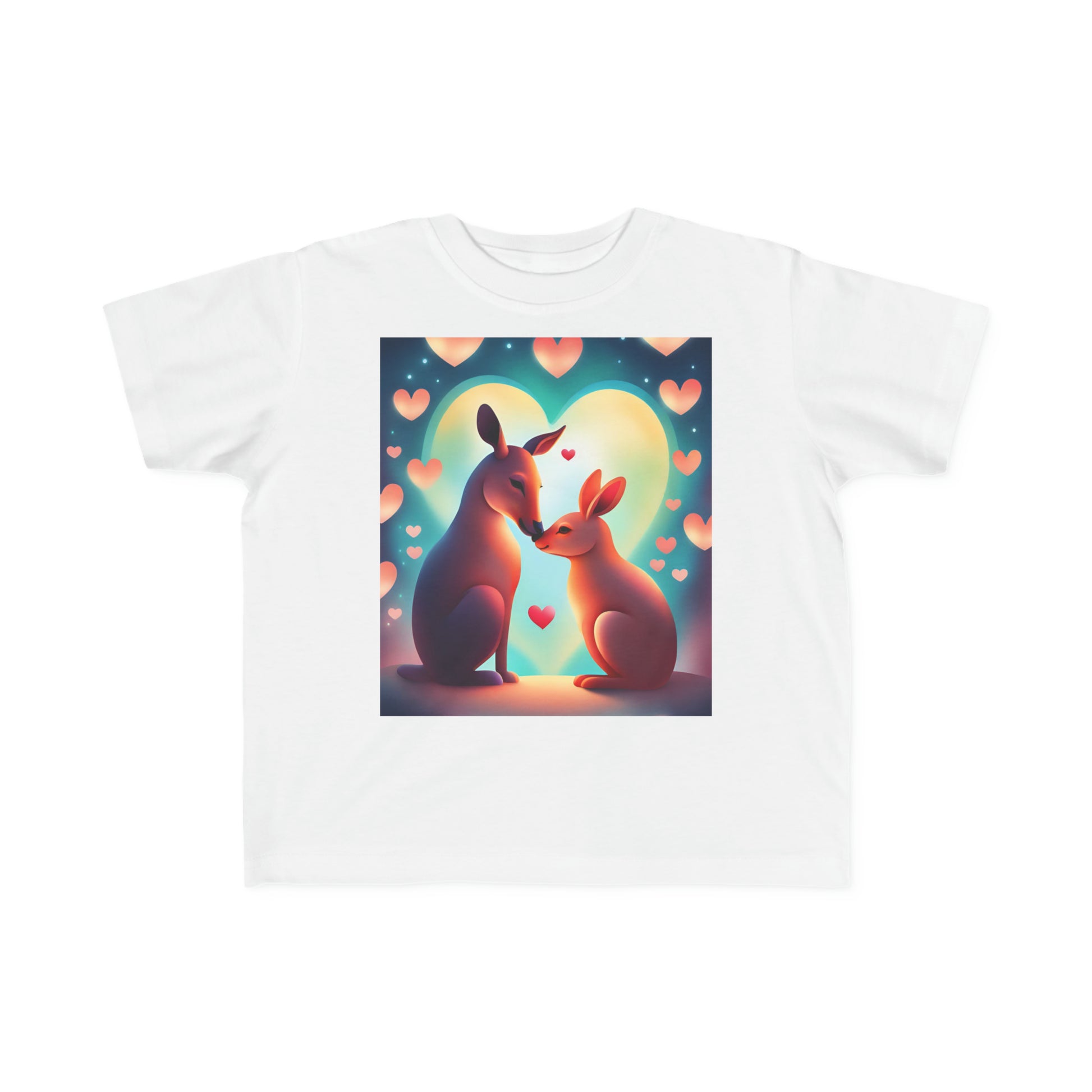 A white toddler's t-shirt featuring two kangaroos in front of a heart, embodying love and tenderness. Made of 100% combed, ring-spun cotton, with a durable print, perfect for delicate skin.