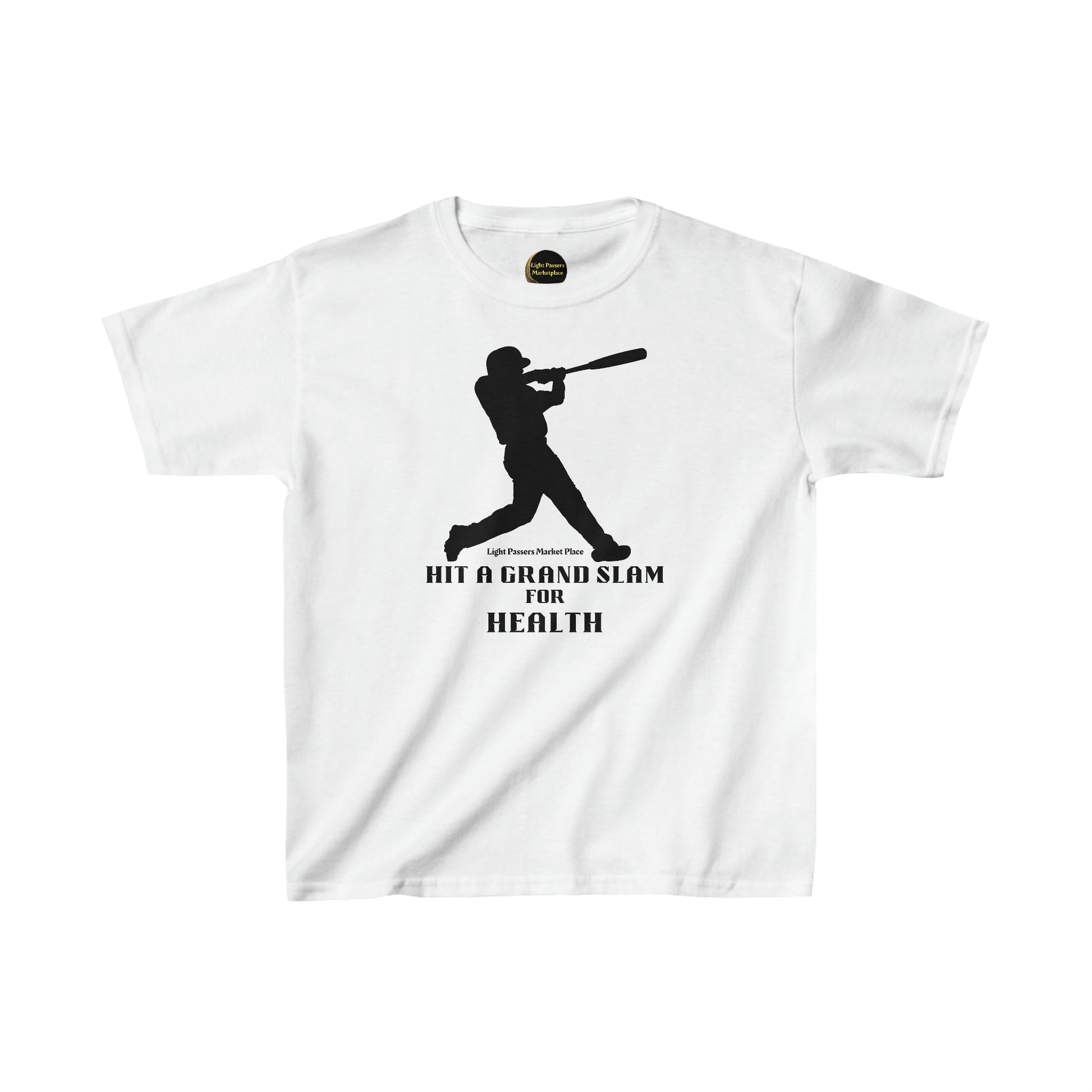 Youth white t-shirt with baseball player graphic swing. 100% cotton, durable twill tape shoulders, curl-resistant collar, ethically sourced US cotton. Classic fit, tear-away labels, Oeko-Tex certified.