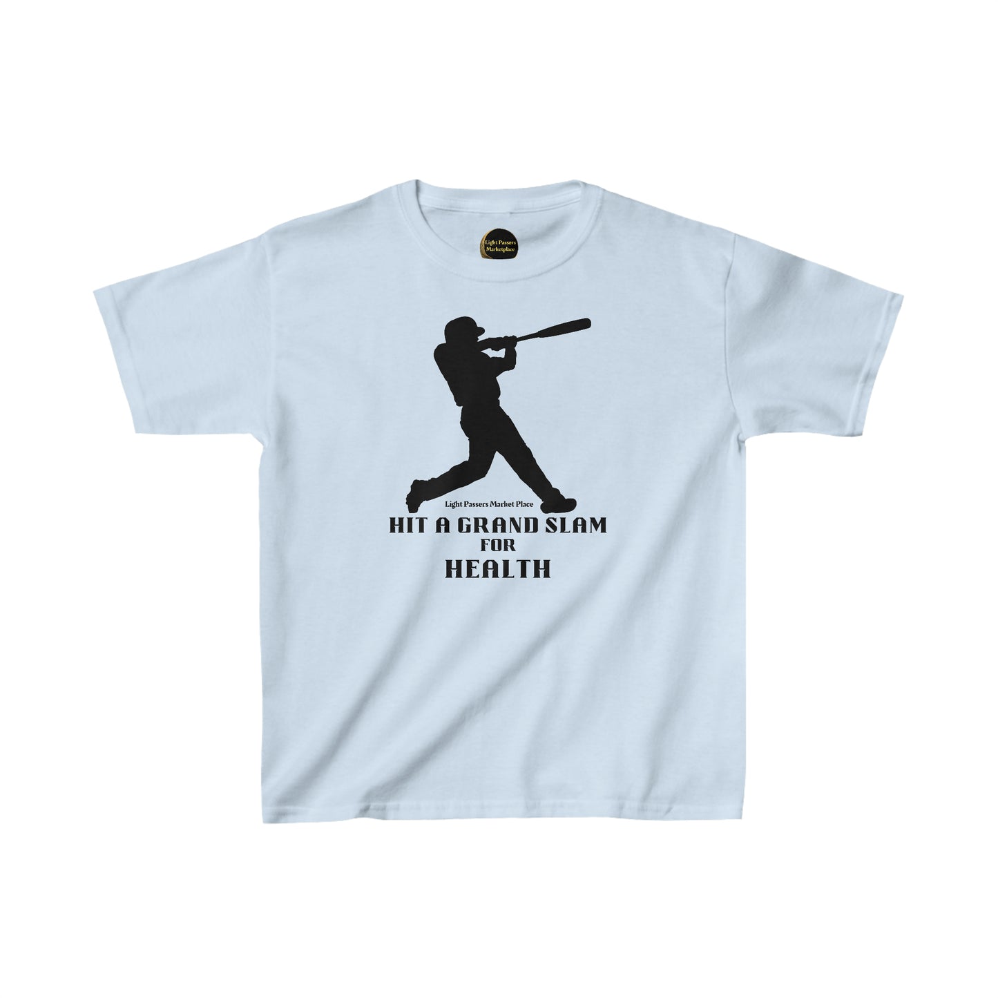 Youth t-shirt featuring a black silhouette of a baseball player swinging a bat. Made with 100% cotton, ribbed collar, tear-away labels, and ethically sourced US cotton.