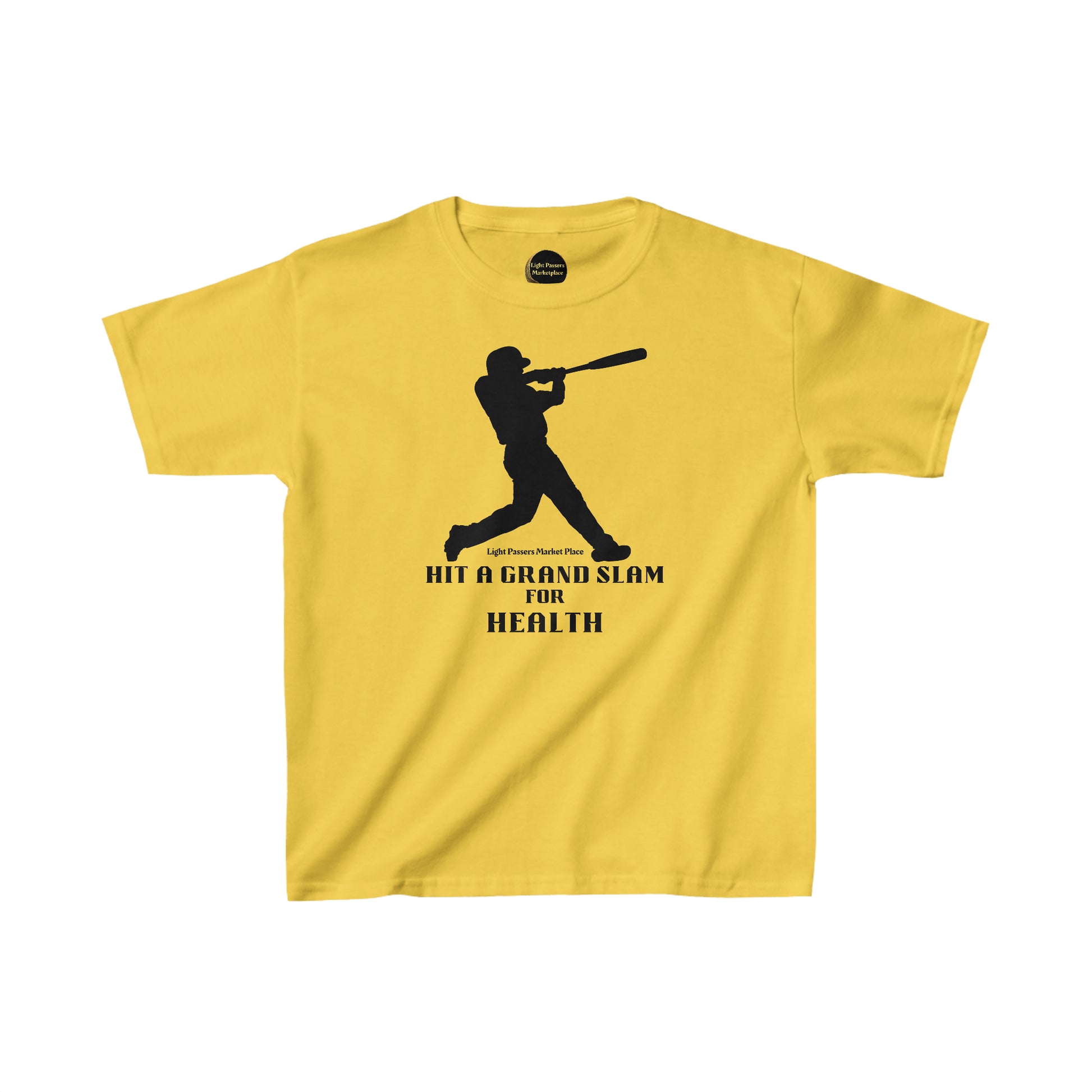 A yellow youth t-shirt featuring a black silhouette of a baseball player swinging a bat. Made of 100% cotton, with twill tape shoulders for durability and a curl-resistant ribbed collar.