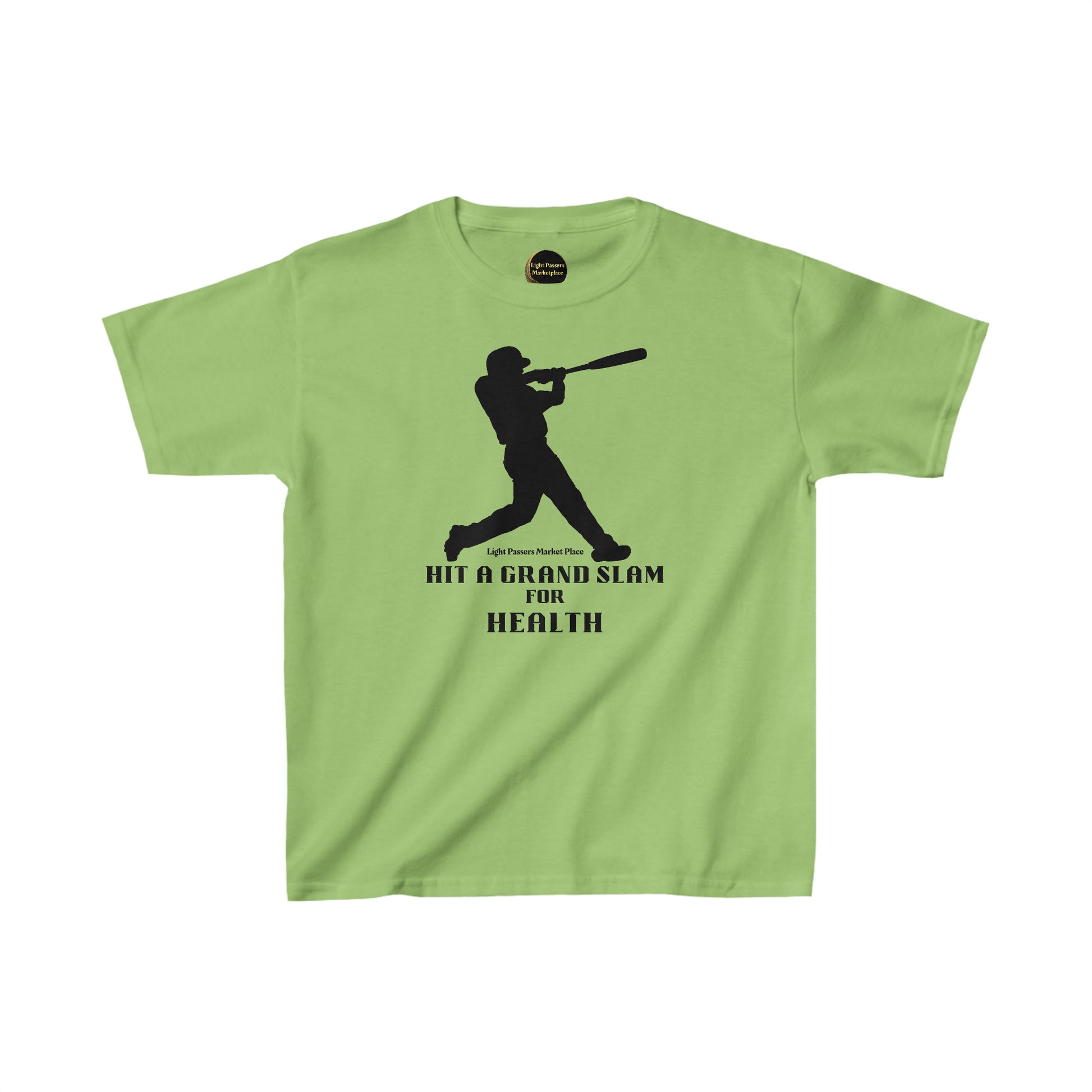 Youth t-shirt featuring a black silhouette of a baseball player swinging a bat on a green shirt. Made of 100% cotton with twill tape shoulders for durability. Ethically sourced and comfortable.