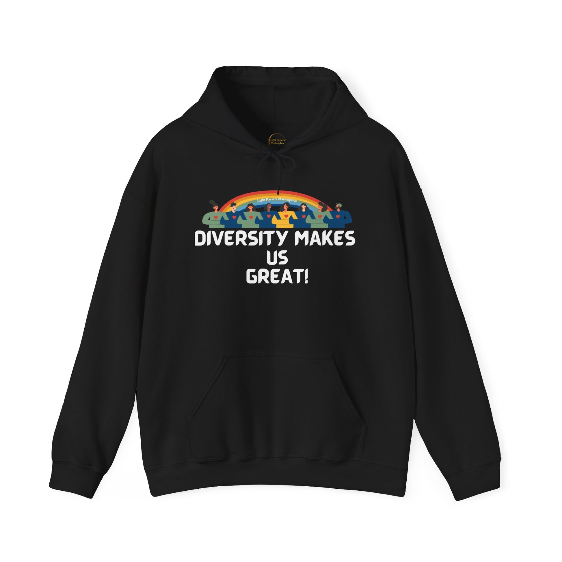 A black hooded sweatshirt featuring a rainbow and words, with a kangaroo pocket and color-matched drawstring. Made of 50% cotton and 50% polyester for warmth and comfort.