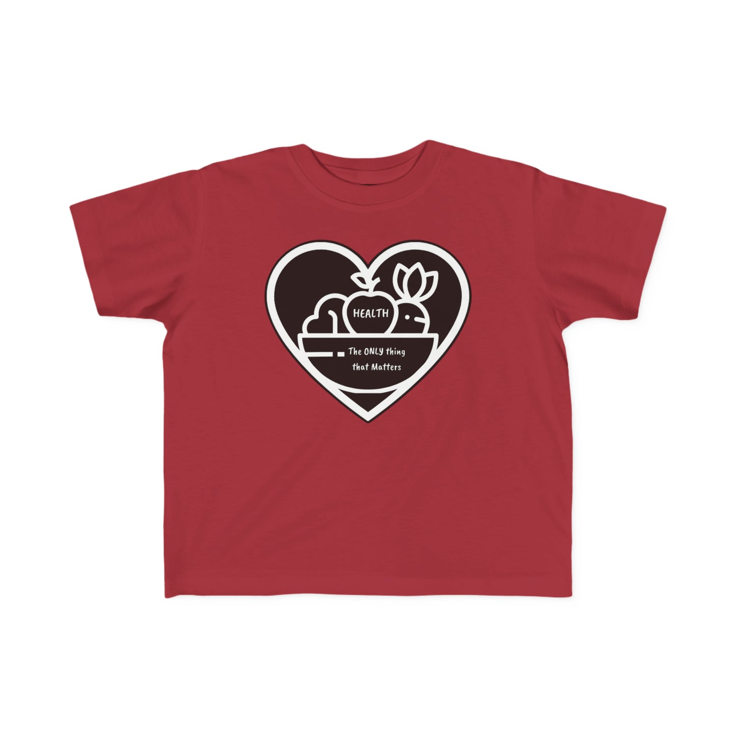 A red toddler t-shirt featuring a heart and flower design, with a logo of a fruit. Made of 100% combed, ring-spun cotton, light fabric, tear-away label, and a classic fit.