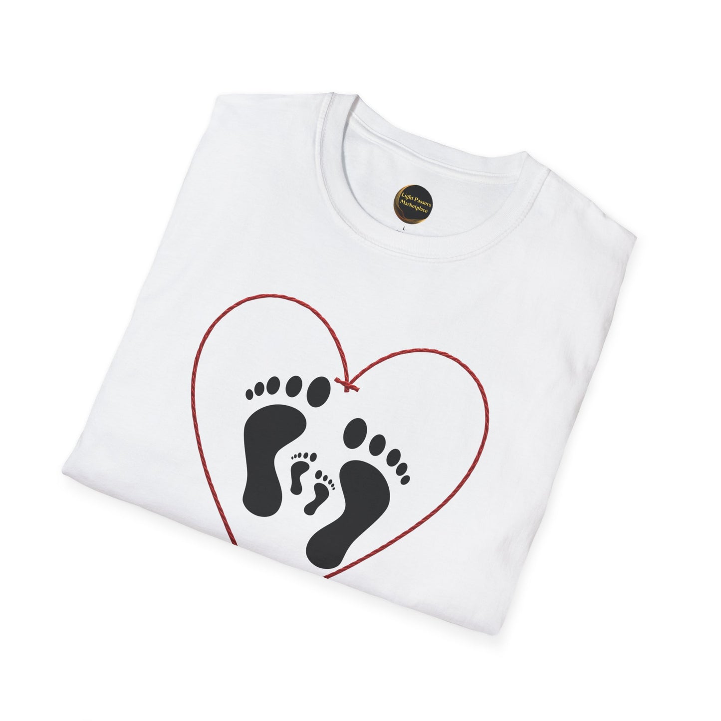 Legacy Makers Unite T-Shirt: White with a red heart graphic, featuring adult and baby footprints, symbolizes leaving a loving legacy for future generations.