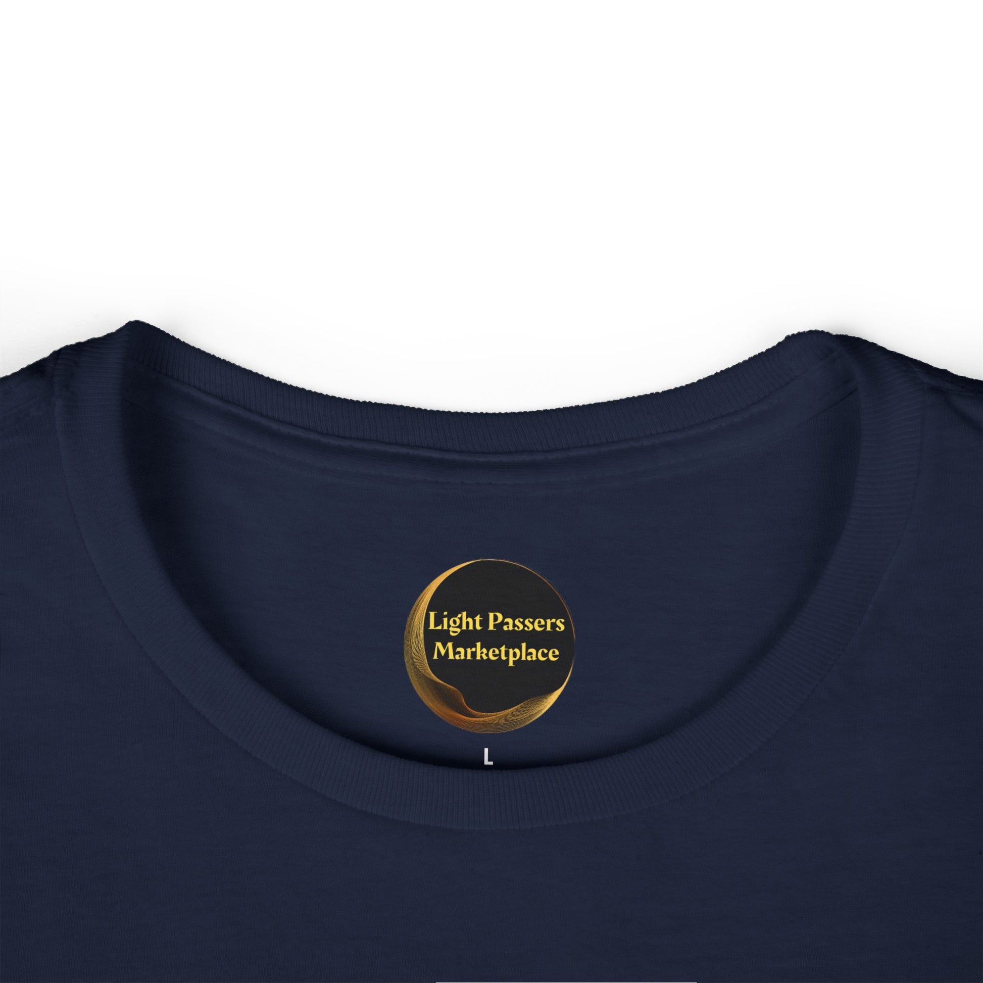 Navy-blue crew-neck T-shirt with Light Passers Marketplace label, size L, showcasing the Women's Tee - Magical Unicorn Stretch for Health design.