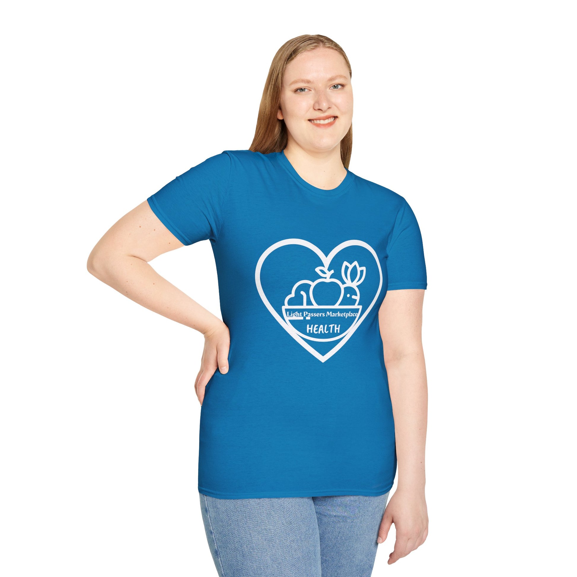 A woman in a blue shirt, showcasing Light Passers Marketplace Fruit Basket Unisex T-Shirt, emphasizing soft 100% cotton, twill tape shoulders, no side seams, and ribbed collar for durability and comfort.