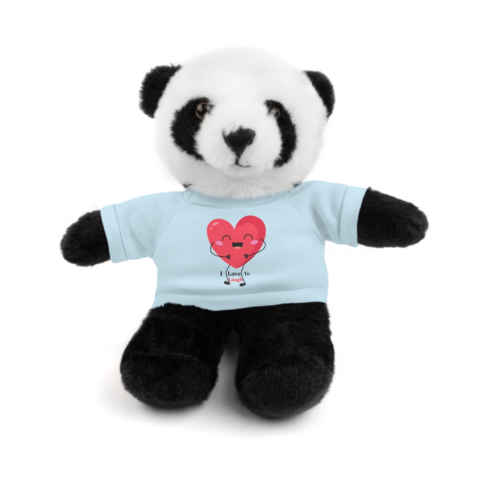 Stuffed panda bear with customizable I Love to Laugh heart-printed shirt, part of Cool Stuff Stuffies' choice of six animals collection.