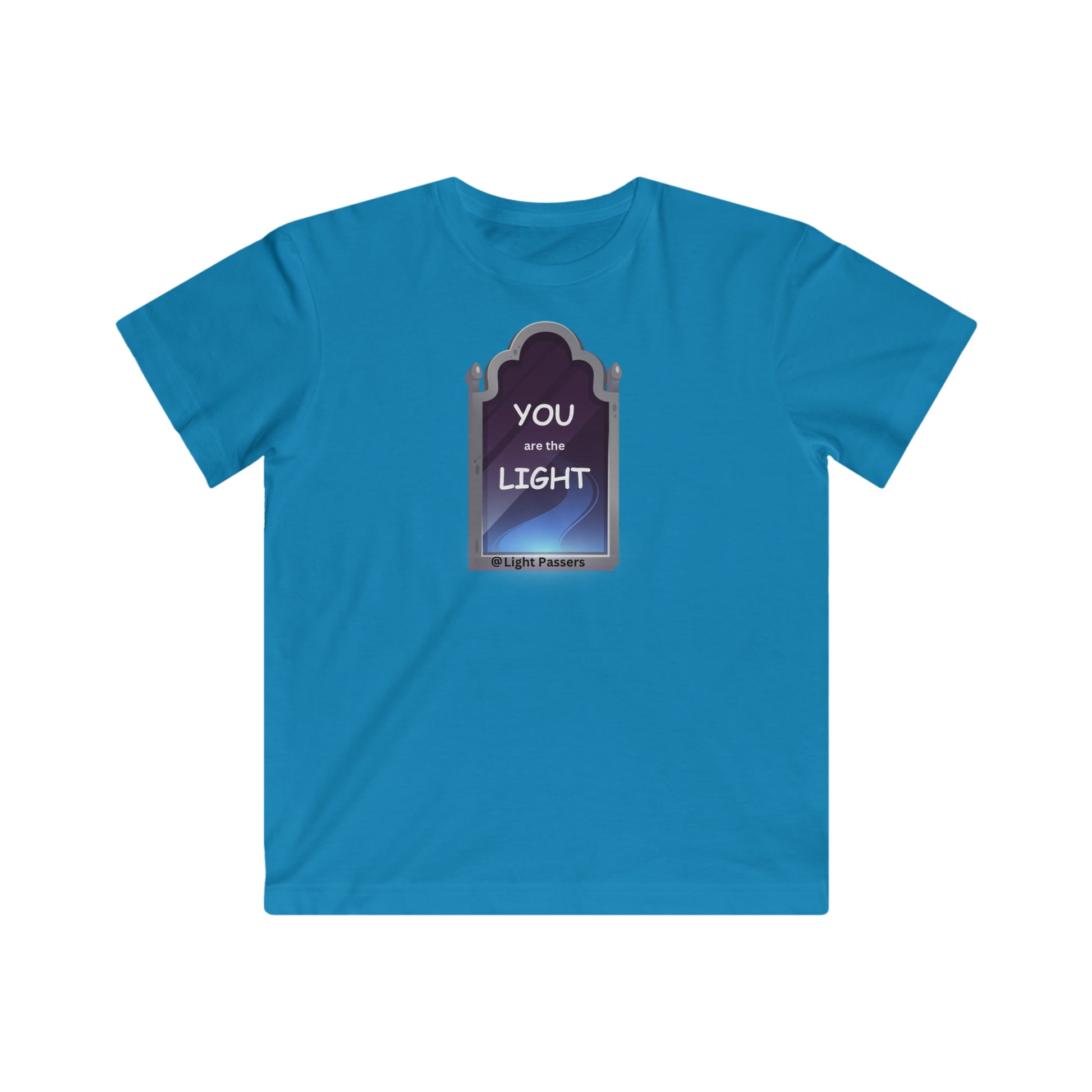 Youth T-shirt featuring a picture of a light on a blue shirt. Soft jersey fabric, 100% combed ringspun cotton, light 4.5 oz/yd² fabric, tear away label, regular fit.
