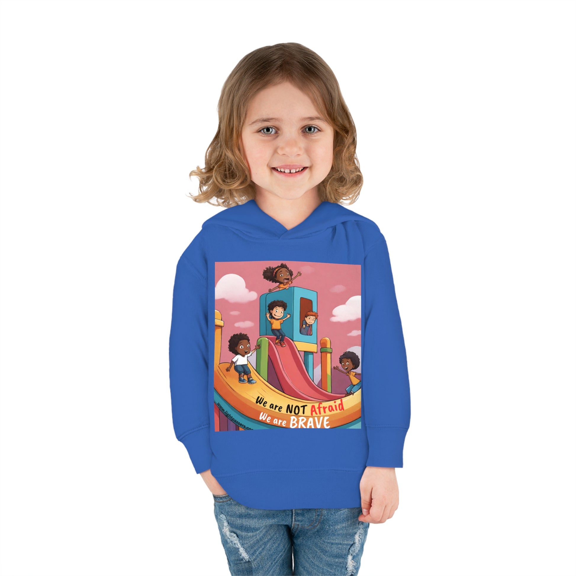 A smiling toddler in a Rabbit Skins hoodie with jersey-lined hood, cover-stitched details, and side pockets for cozy comfort. Made of 60% cotton, 40% polyester blend.