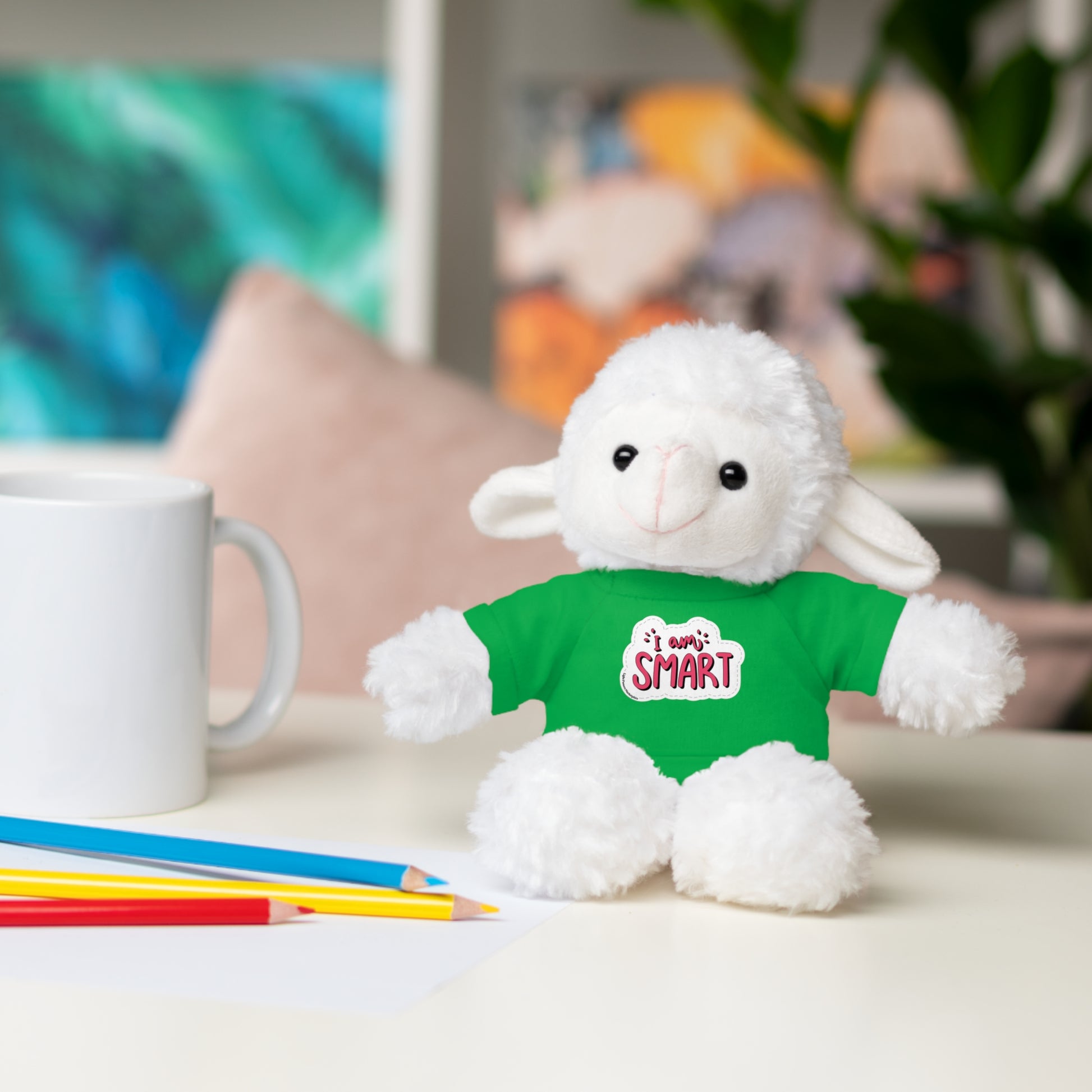 Plushies showcasing 'I am Smart' T-shirts, featuring six animals: Bear, Sheep, Bunny, Jaguar, Panda, and Lion, from Light Passers Marketplace.