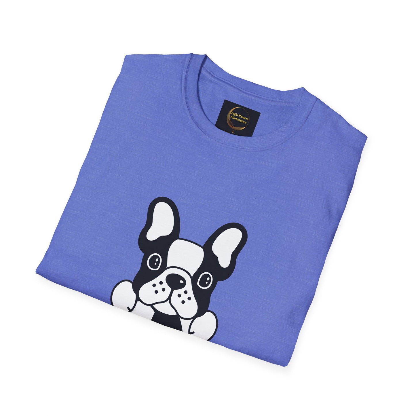 Soccer Dog Unisex T-Shirt featuring a cartoon French bulldog illustration, highlighting casual comfort with a crew neckline and tear-away label for ease.