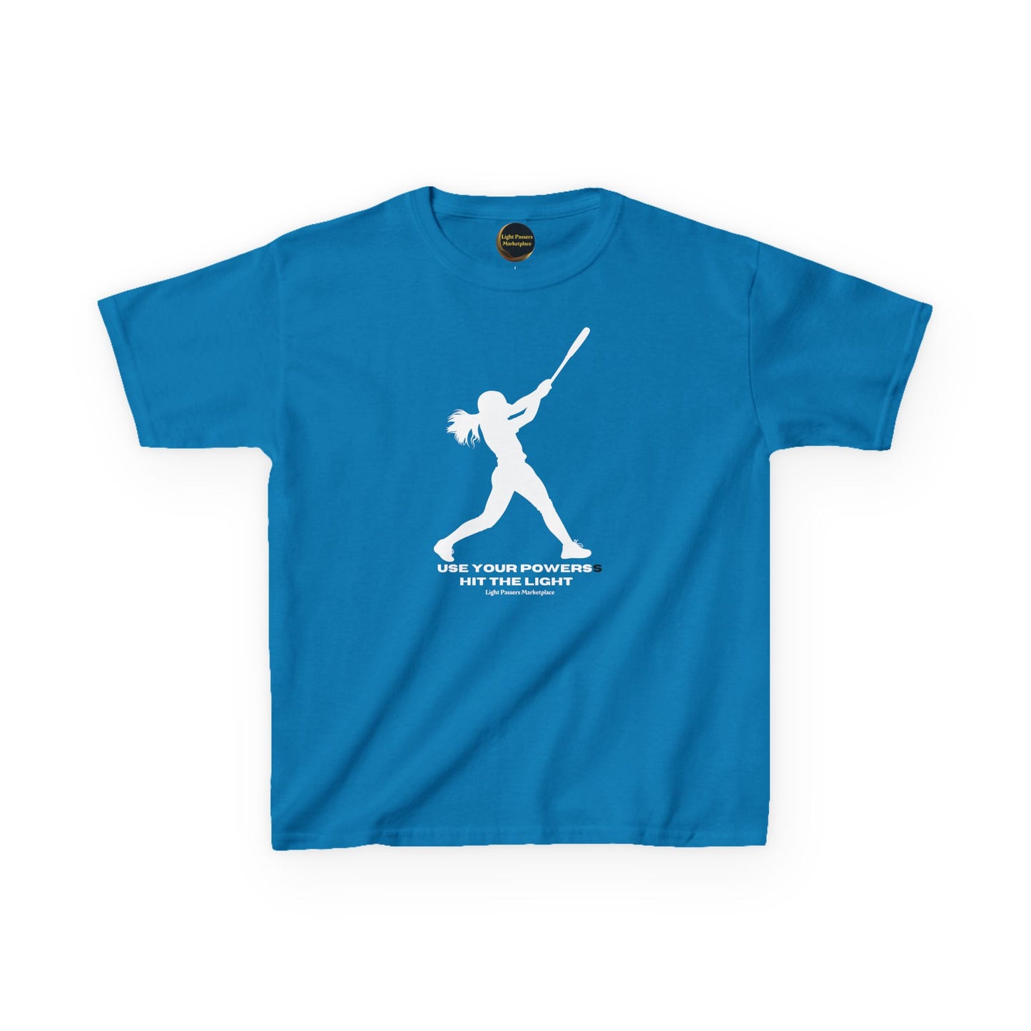 Teams Hit the Light T-shirt Youth: Bright blue tee with white silhouette graphic and motivational text, ideal for everyday wear. Made from durable, soft 100% cotton.