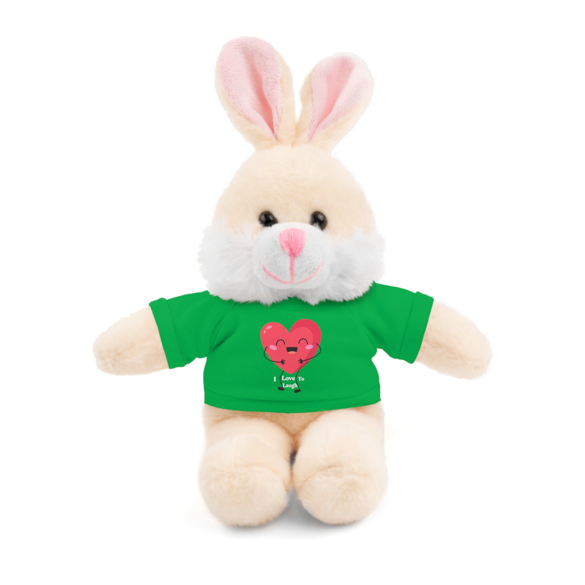 Stuffed animal bunny wearing a green shirt with a heart design from Cool Stuff Stuffies, featuring a customizable, removable T-shirt for gifting.
