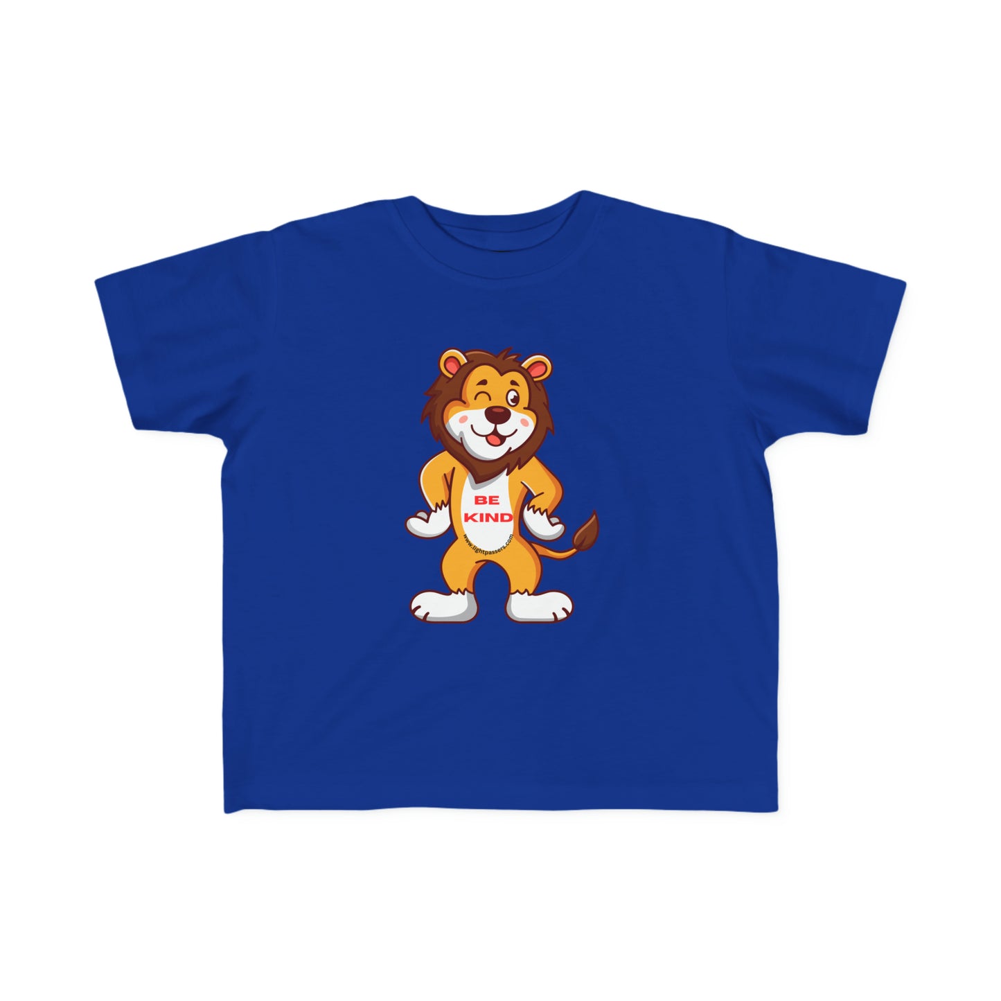 A toddler's tee featuring a cartoon lion design, soft 100% combed cotton, durable print, and tear-away label. Perfect for sensitive skin and first adventures.