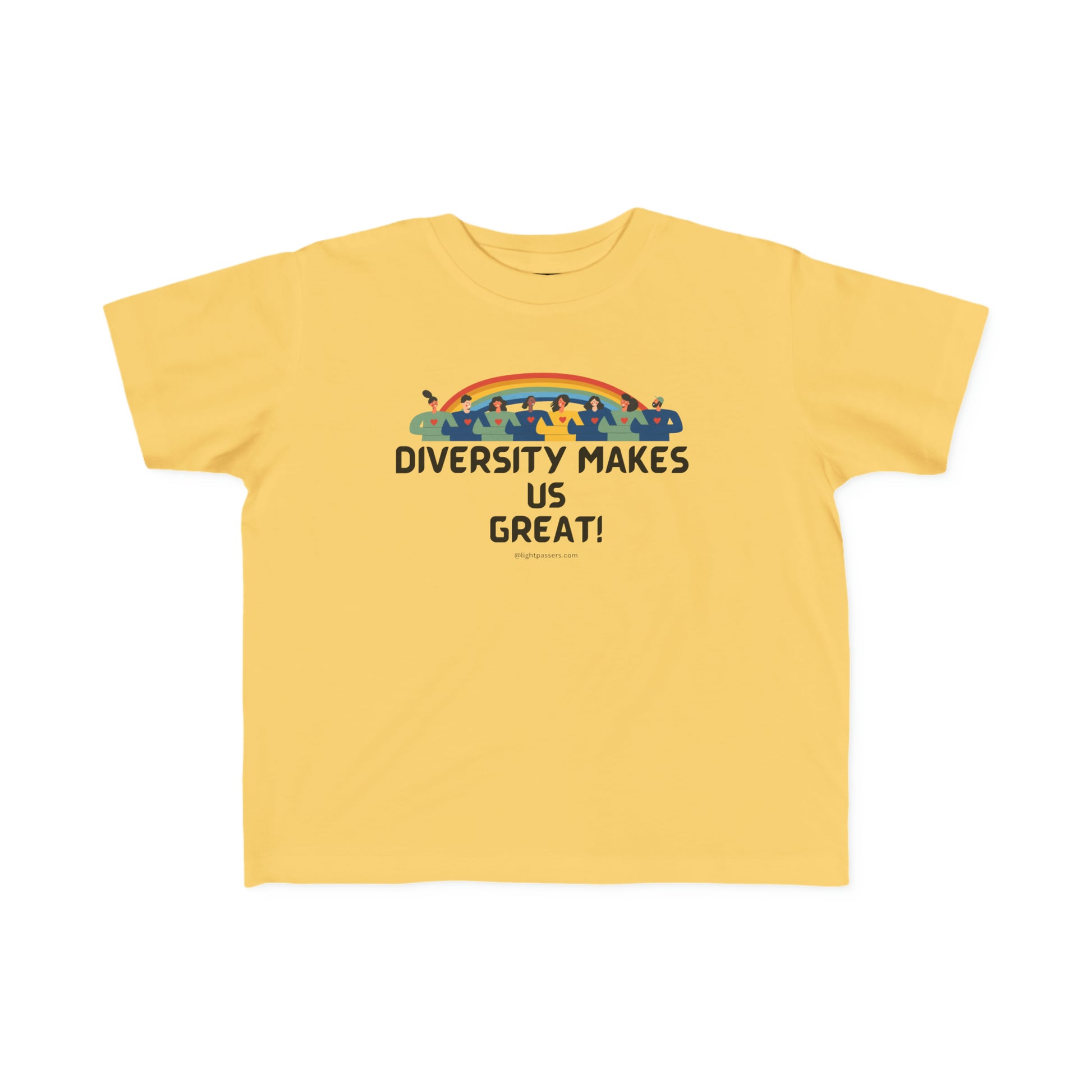 A yellow toddler t-shirt with black text, featuring a group of people. Soft, 100% combed cotton, durable print, tear-away label, classic fit. Ideal for sensitive skin, first adventures.