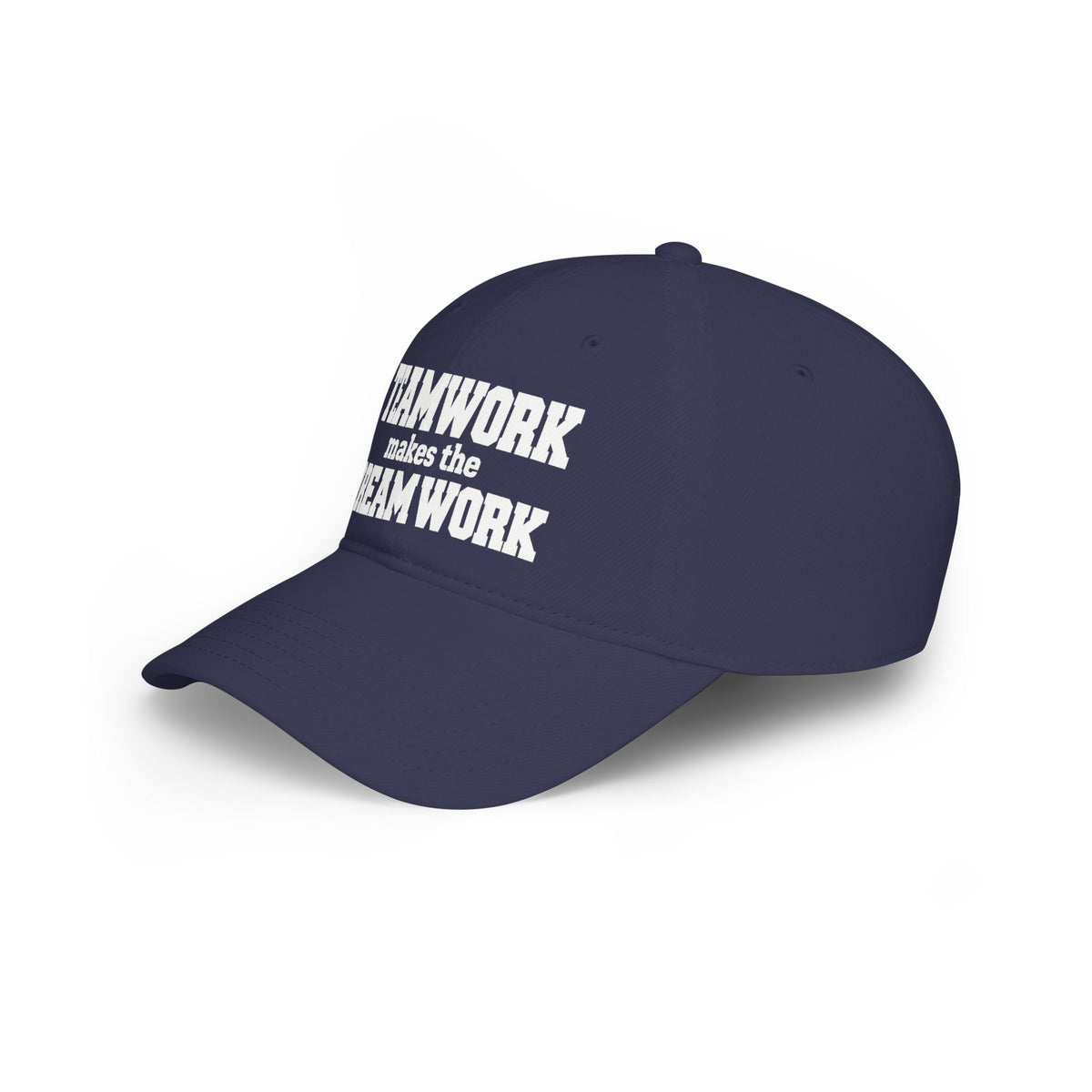 Navy baseball cap with white 'TEAMWORK makes the DREAMWORK' front text