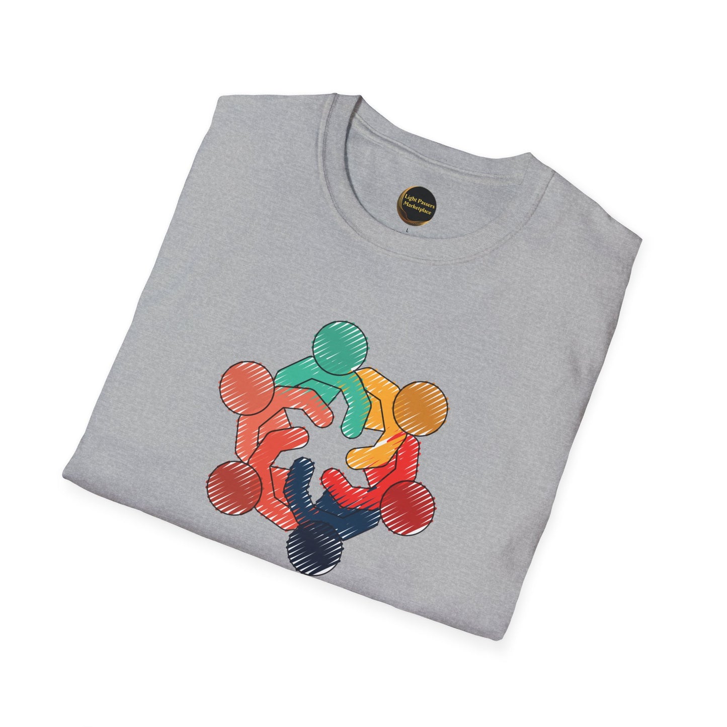Teams Love and Peace Change Makers Unite Adult Unisex T-Shirt featuring colorful stick-figure design on light-gray fabric, promoting unity and positive vibes.