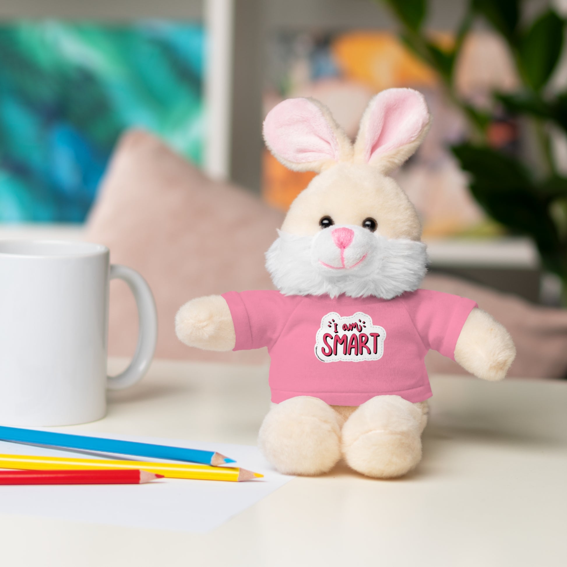 Cool Stuff Stuffies: six plush animals wearing 'I am Smart' T-shirts, ideal for kids' learning and play. Includes Bear, Sheep, Bunny, Jaguar, Panda, and Lion.
