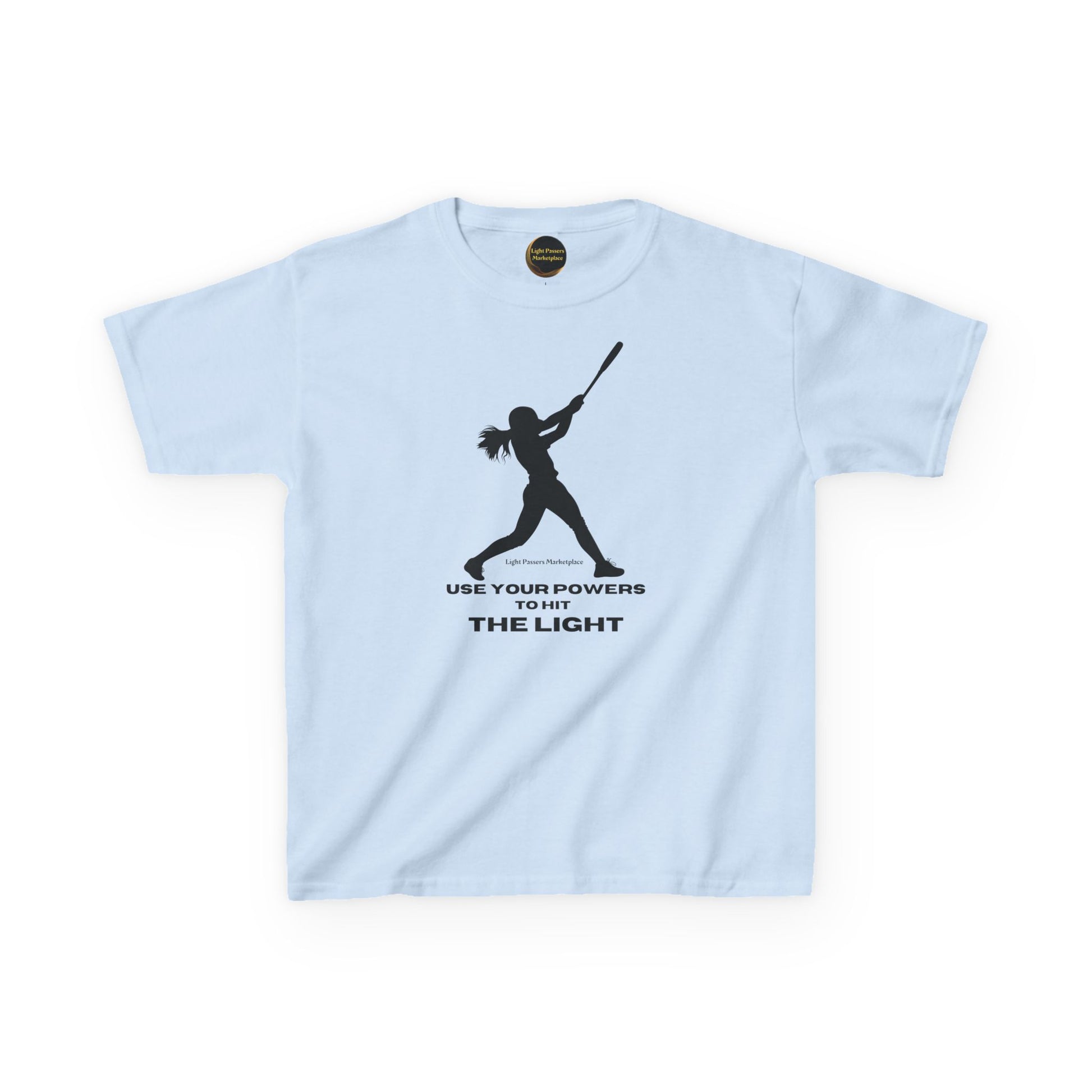 Youth Teams Hit the Light T-shirt featuring a female batter silhouette and motivational slogan. Ideal for everyday wear with durable, soft US cotton.