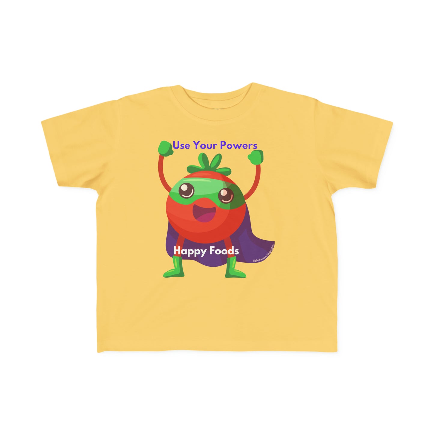 A toddler t-shirt featuring a cartoon tomato superhero design on a yellow background. Made of soft, 100% combed cotton for sensitive skin, with a durable print.