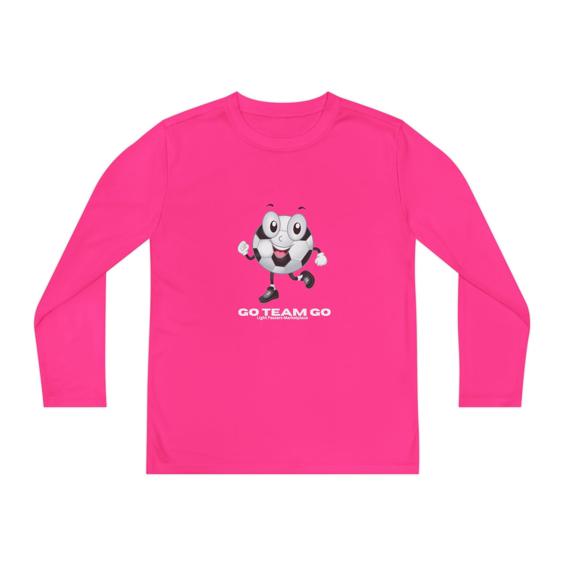 Youth Long Sleeve Soccer Ball Guy Go Team Go tee, featuring a cartoon soccer ball mascot and slogan, ideal for young sports fans who love energetic, team spirit.