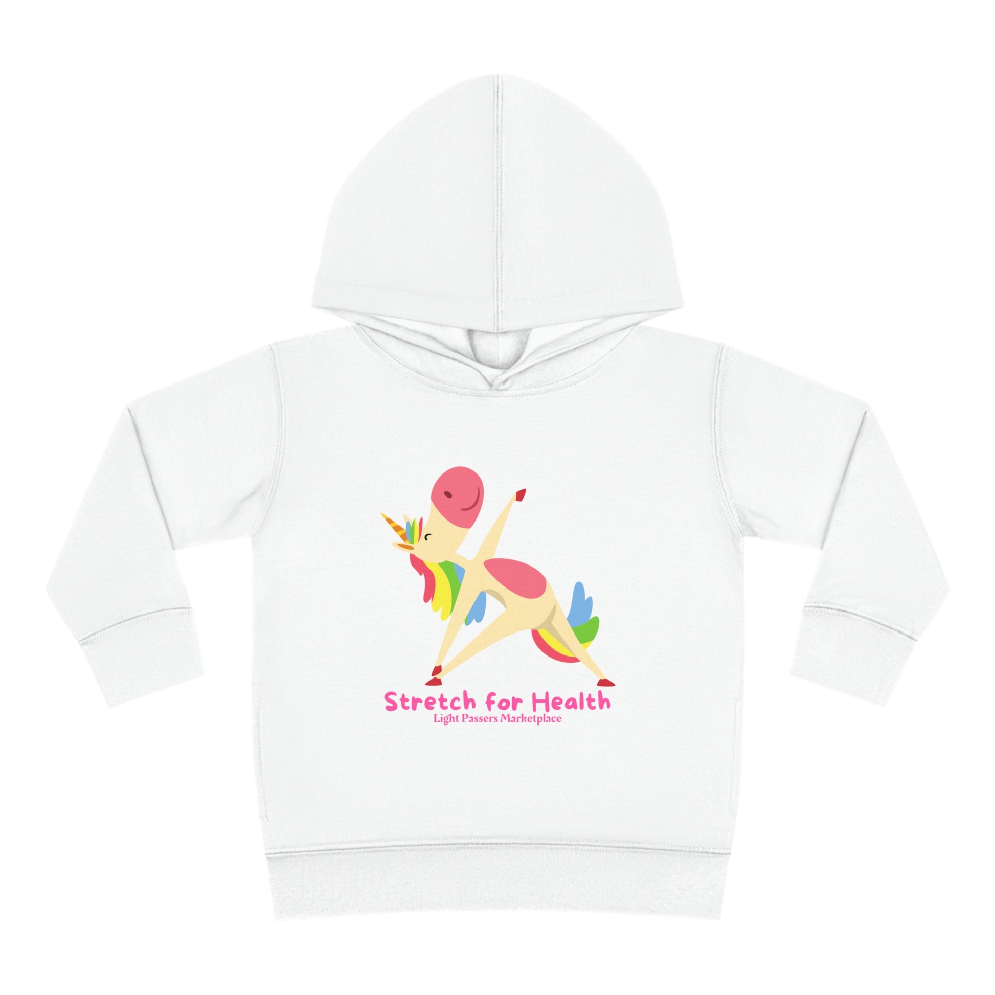 A Rabbit Skins toddler hoodie featuring a cartoon unicorn stretching, with jersey-lined hood, cover-stitched details, side seam pockets, and durable fabric blend for cozy wear.