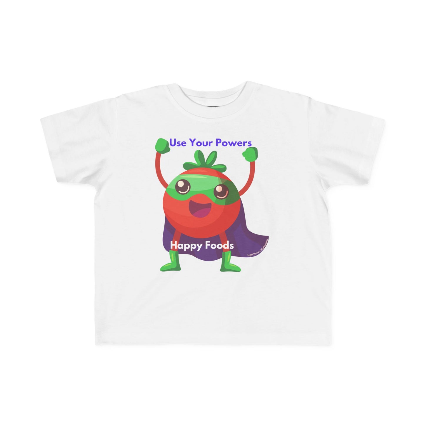 Health Tomato Power Toddler T-shirt featuring a cute superhero tomato with a sprout, inspiring Use Your Powers slogan, crafted for toddler comfort and durability.