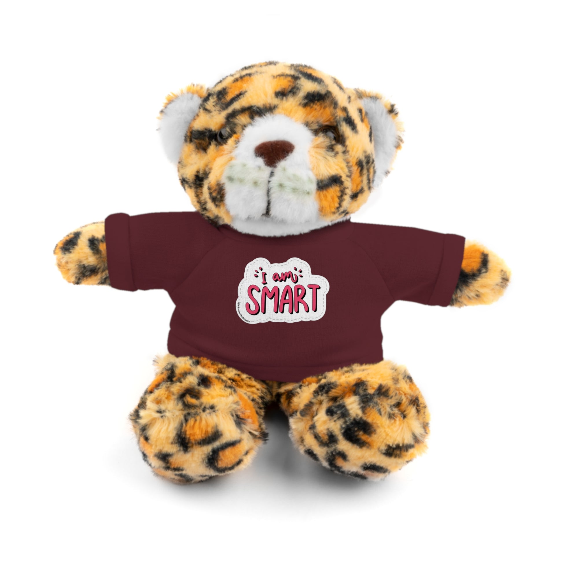Cool Stuff Stuffies plush toy, resembling a tiger, wearing a removable T-shirt with 'I am Smart' message, part of a 6-animal educational series.