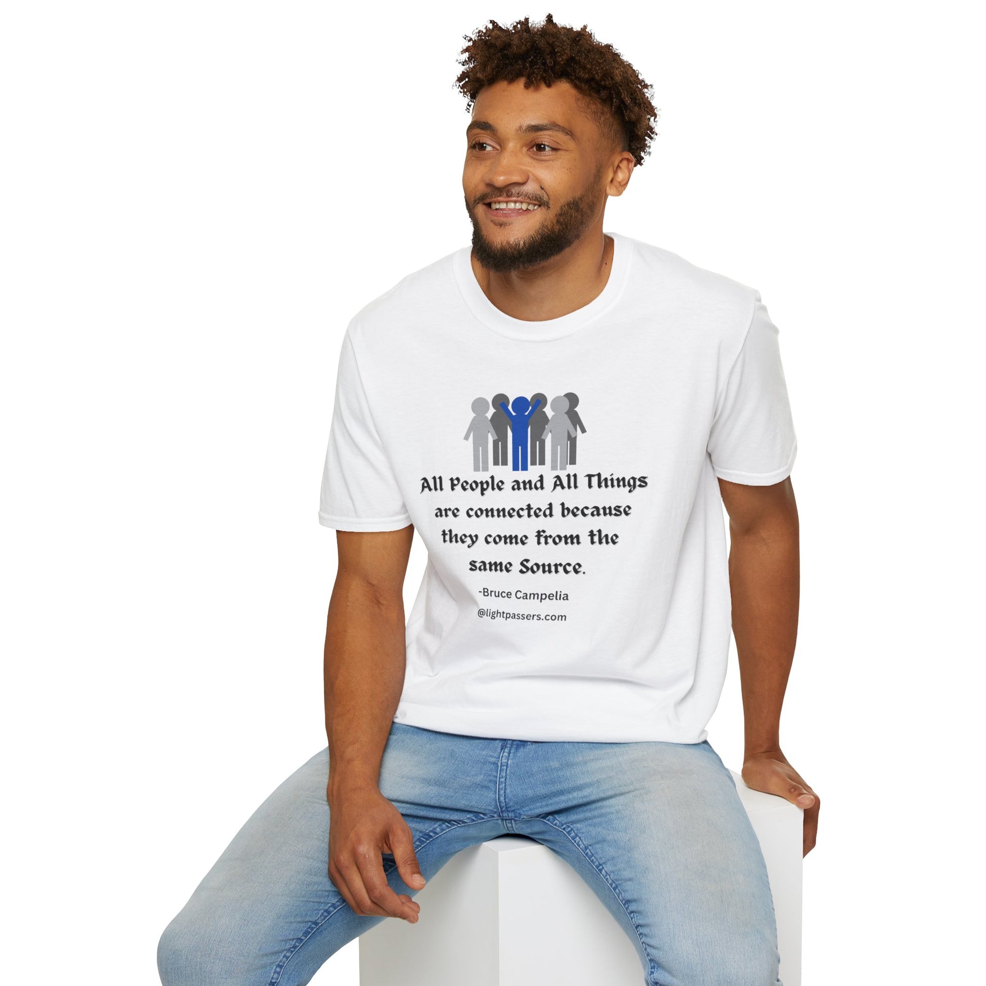 Unisex heavy cotton tee featuring a gray and blue design with a quote, person sitting on a cube, white shirt, and raised arms. No side seams, smooth surface for vivid printing.