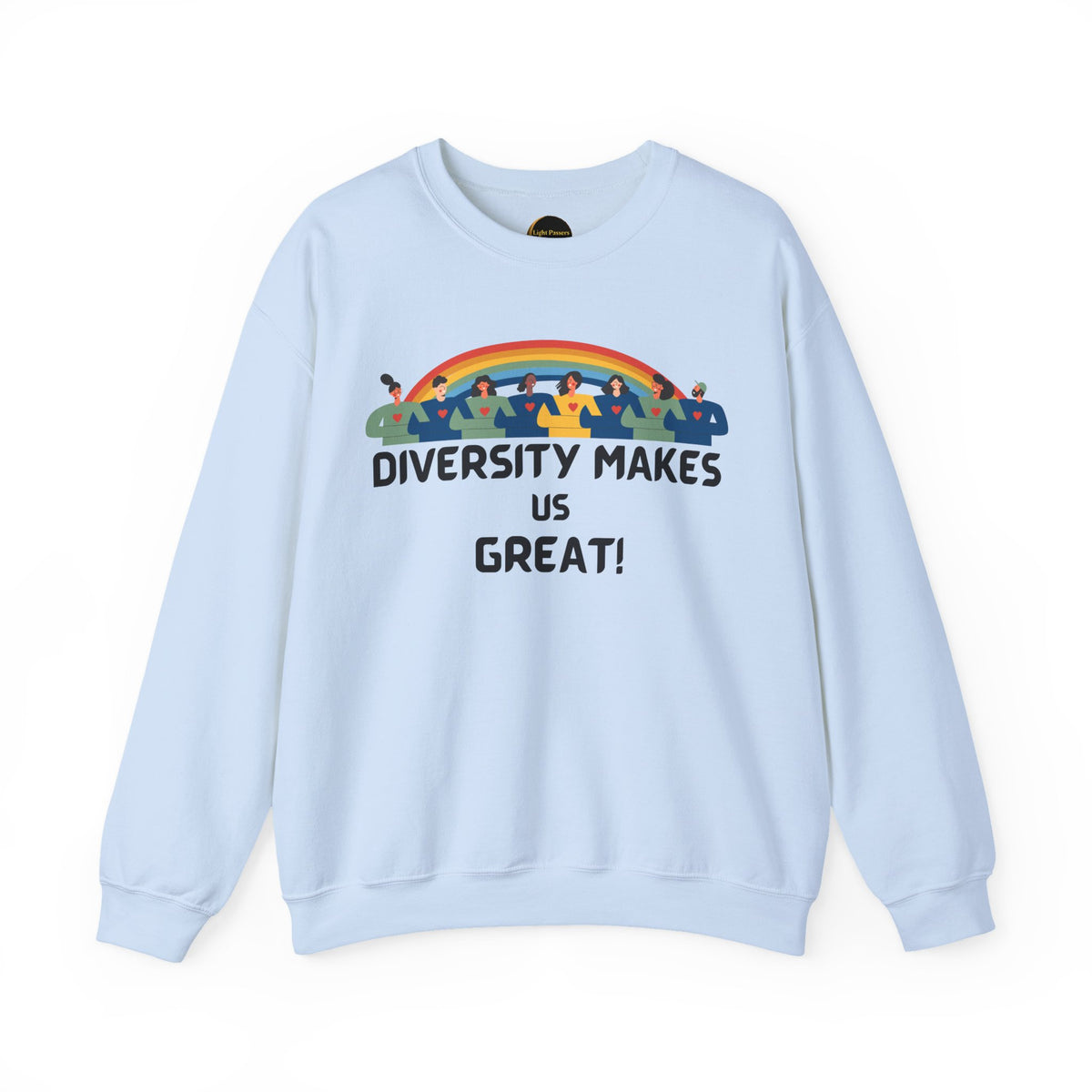 Diversity Makes Us Great Adult Unisex Crew Neck Sweatshirt — Inclusive Rainbow Crewneck Yellow or Black Letters