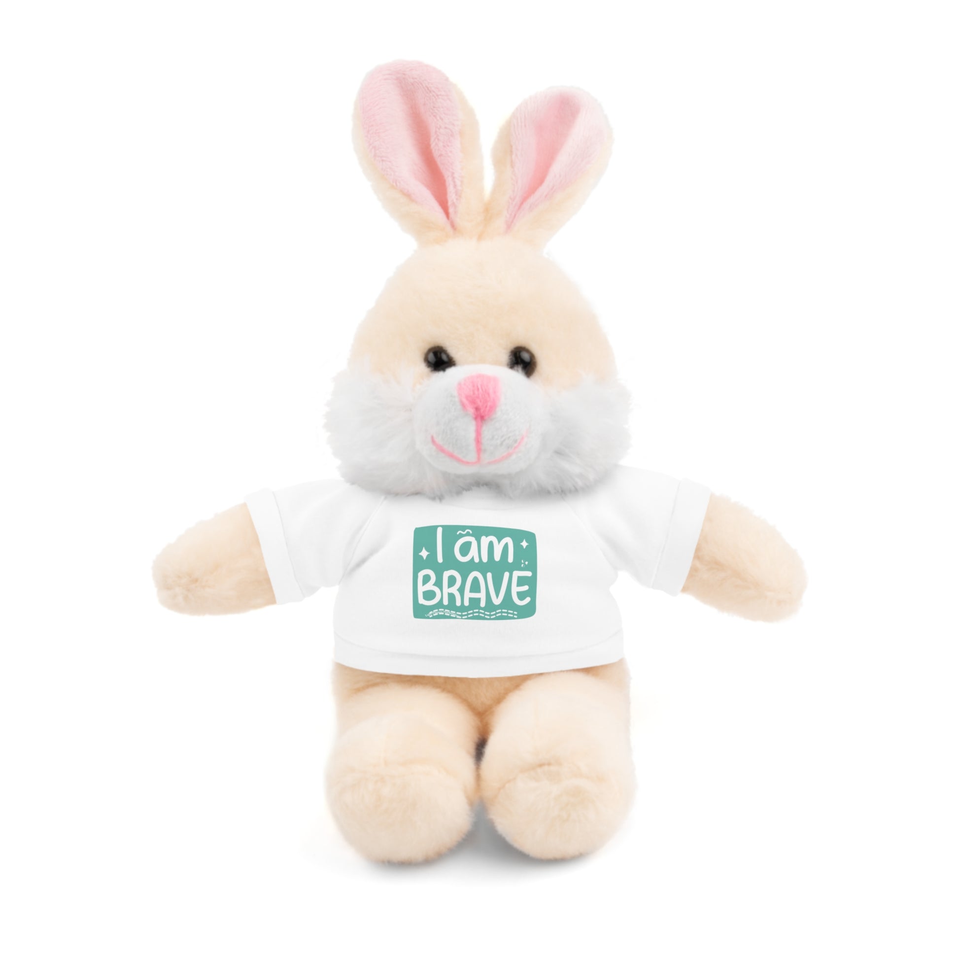 Cool Stuff Stuffies Bunny, a stuffed animal with a removable white tee featuring I am Brave message, perfect for comforting and cuddling.