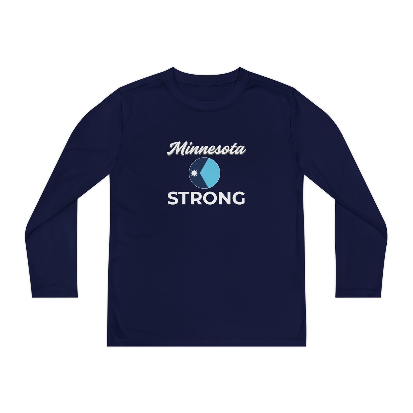 Youth Minnesota Strong Long Sleeve Tee featuring Minnesota script and emblem, embodies civic courage with lightweight, moisture-wicking fabric for active wear.