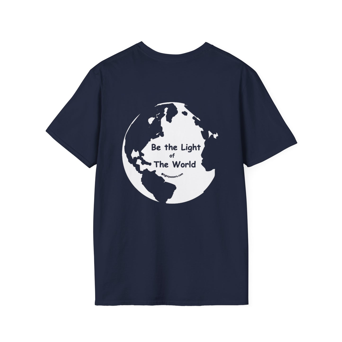 Unisex T-shirt back with white globe design. Heavy cotton tee with smooth surface for vivid printing. No side seams for comfort. 100% cotton. Classic fit. Tape on shoulders for durability.