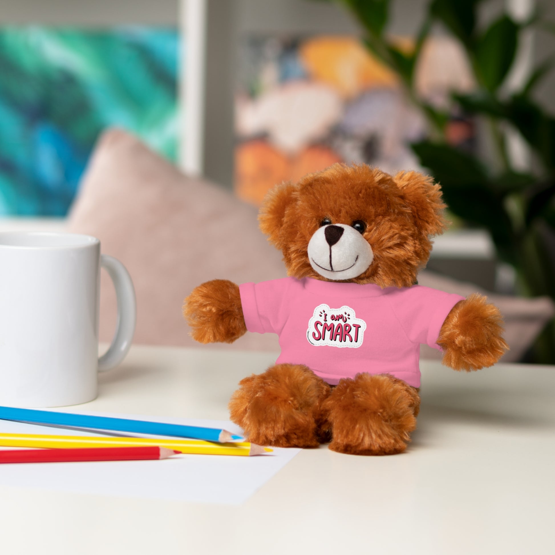 Cool Stuff Stuffies featuring 6 plush animals with 'I am Smart' tees, including a bear, sheep, bunny, jaguar, panda, and lion. Perfect educational toys.