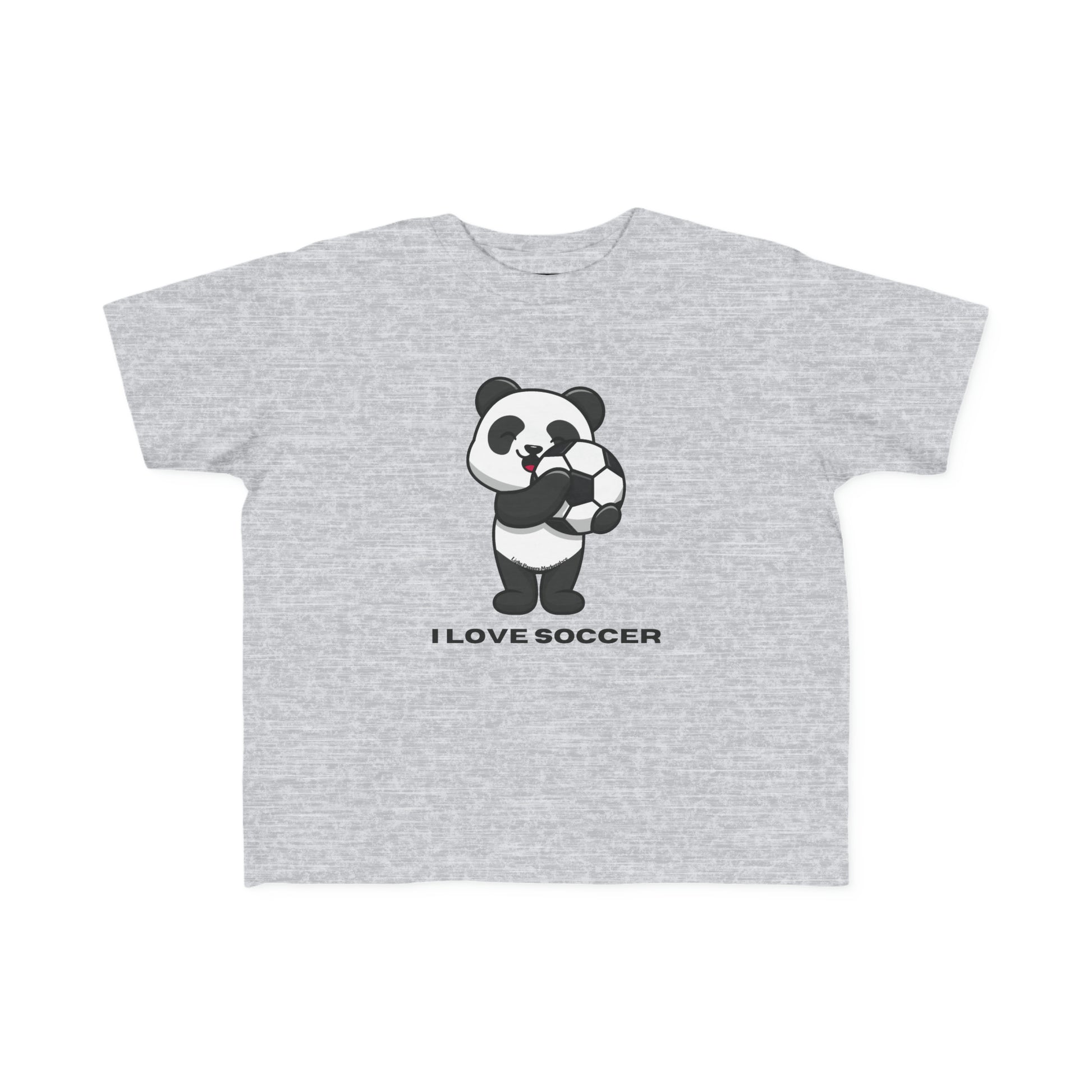 A toddler's t-shirt featuring a cartoon panda holding a football ball, ideal for sensitive skin. Made of 100% combed cotton, light fabric, with a durable print.