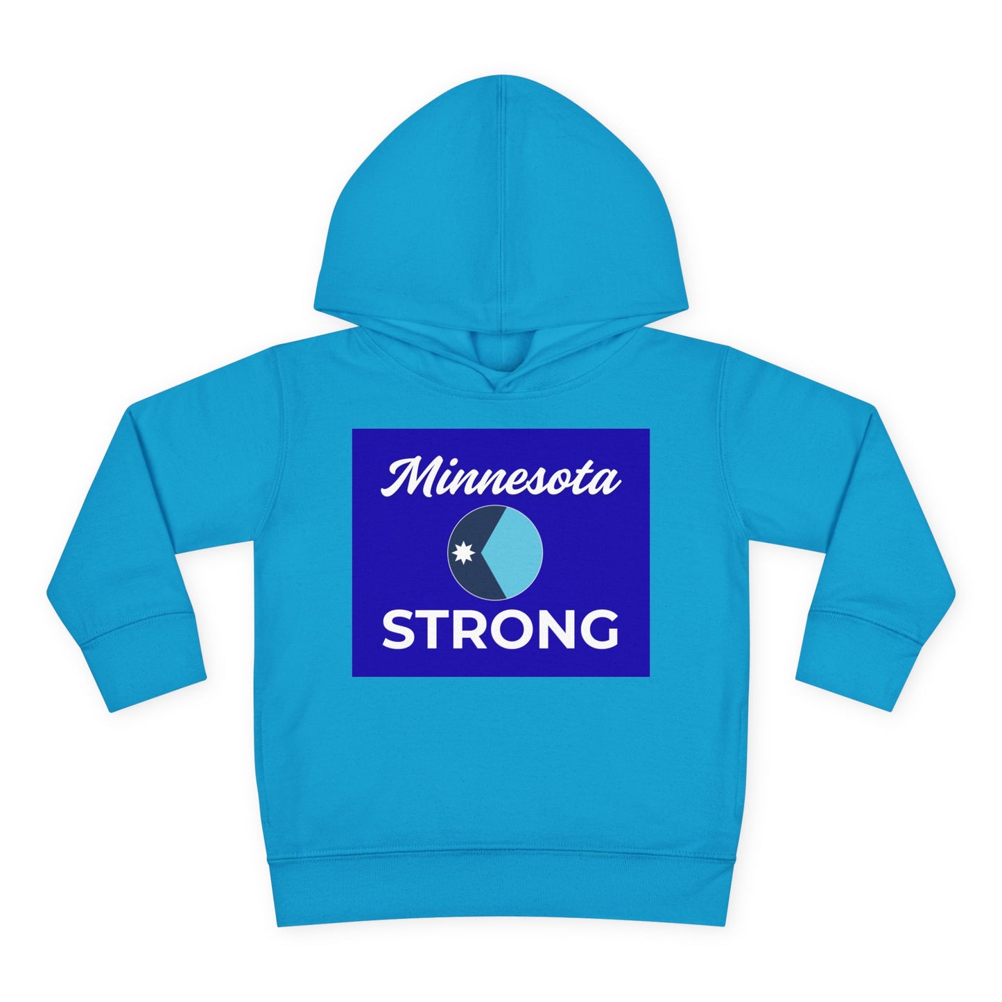 Toddler Hoodie — Minnesota Strong Blue State Pride Pullover with star and bold lettering, cozy fleece, jersey-lined hood, and side-seam pockets.