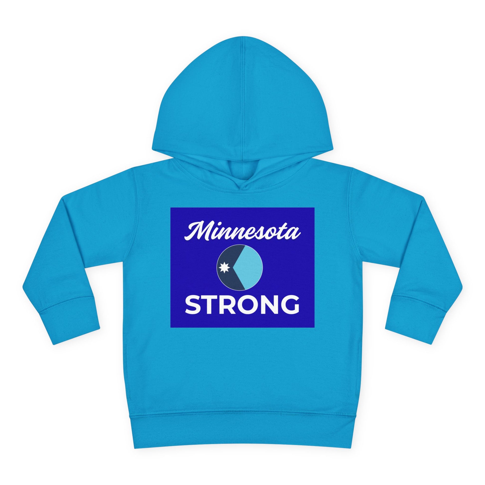Toddler Hoodie — Minnesota Strong Blue State Pride Pullover with star and bold lettering, cozy fleece, jersey-lined hood, and side-seam pockets.